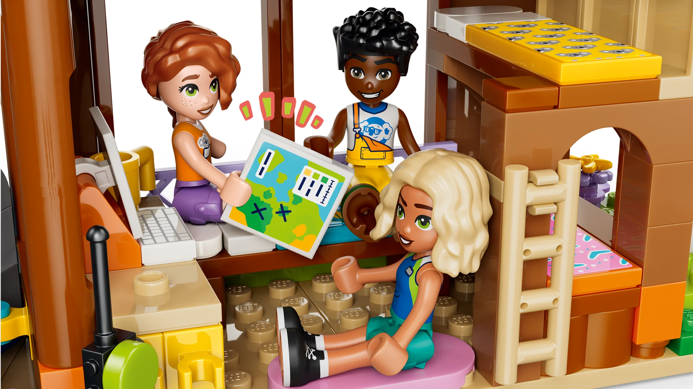 Minifigurinele LEGO Friends discută o hartă în habitatul koala. Detalii construibile și interactive.