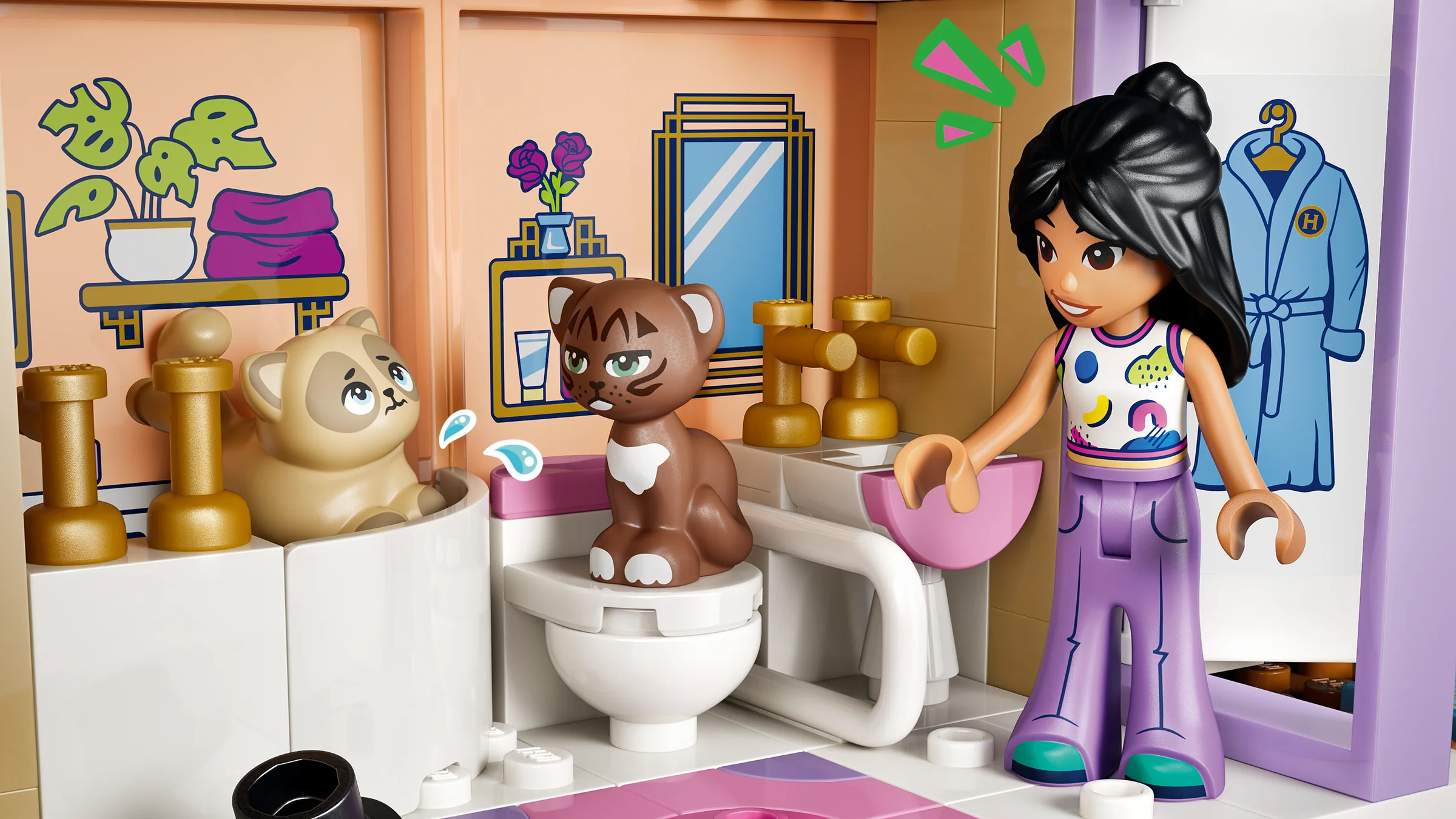 Scenă detaliată cu o minifigurină și animale de companie LEGO în baia luxoasă a hotelului.
