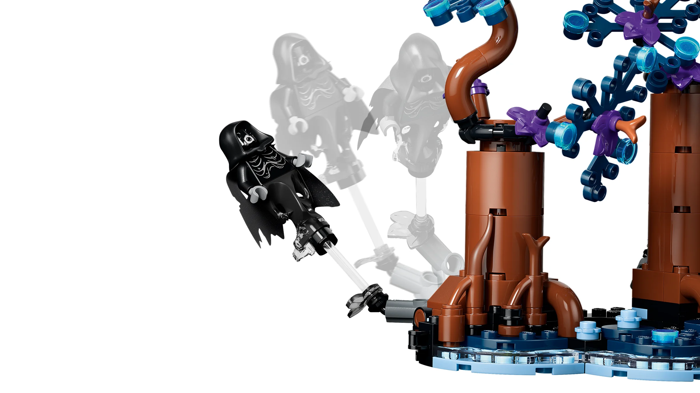 Imagine detaliată cu un Dementor LEGO în pădurea interzisă, atmosfera misterioasă.