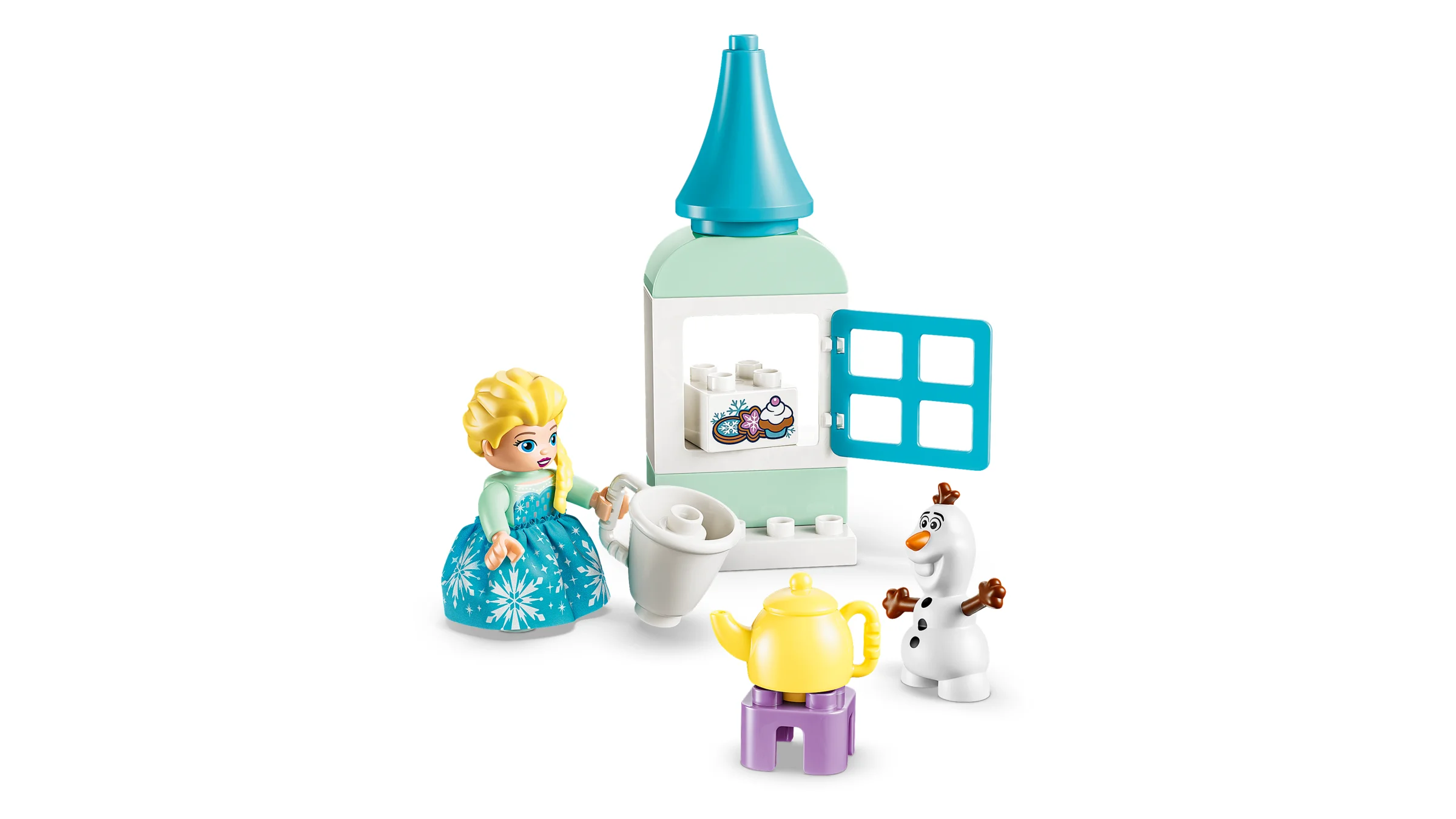 Imagine cu setul LEGO DUPLO 10462, cu Elsa, Olaf și accesorii pentru ceai.