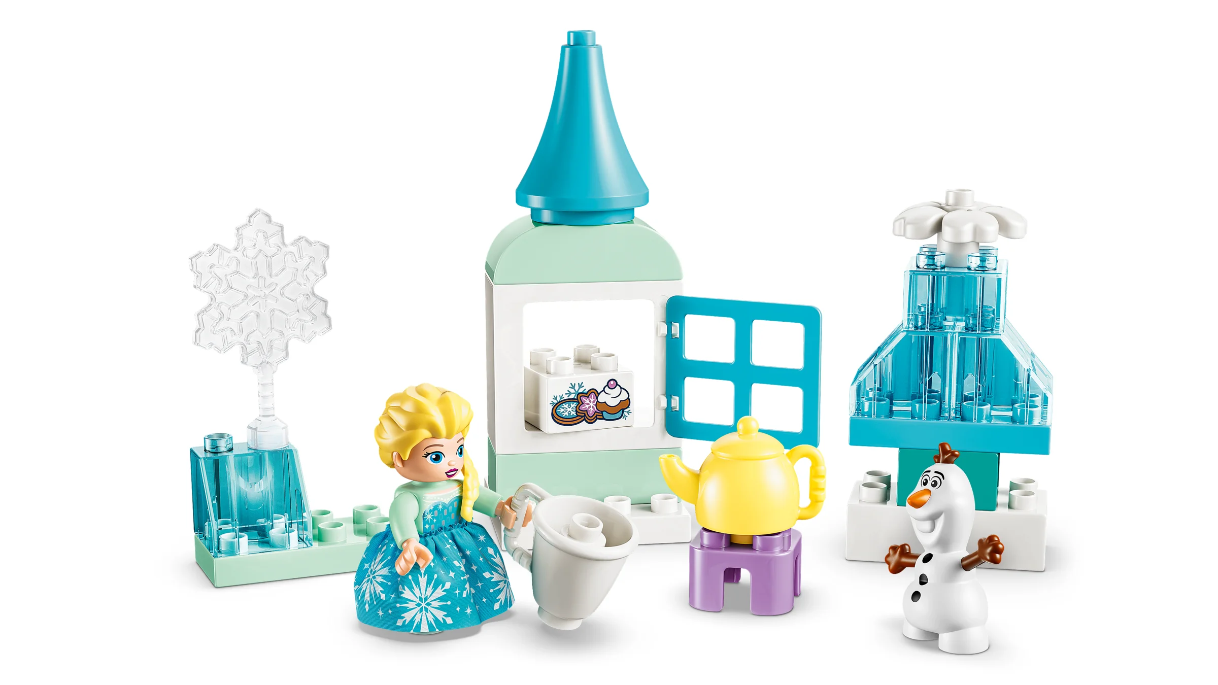 Imagine cu setul LEGO DUPLO 10462, prezentând-o pe Elsa, Olaf și construcții din cărămizi DUPLO.