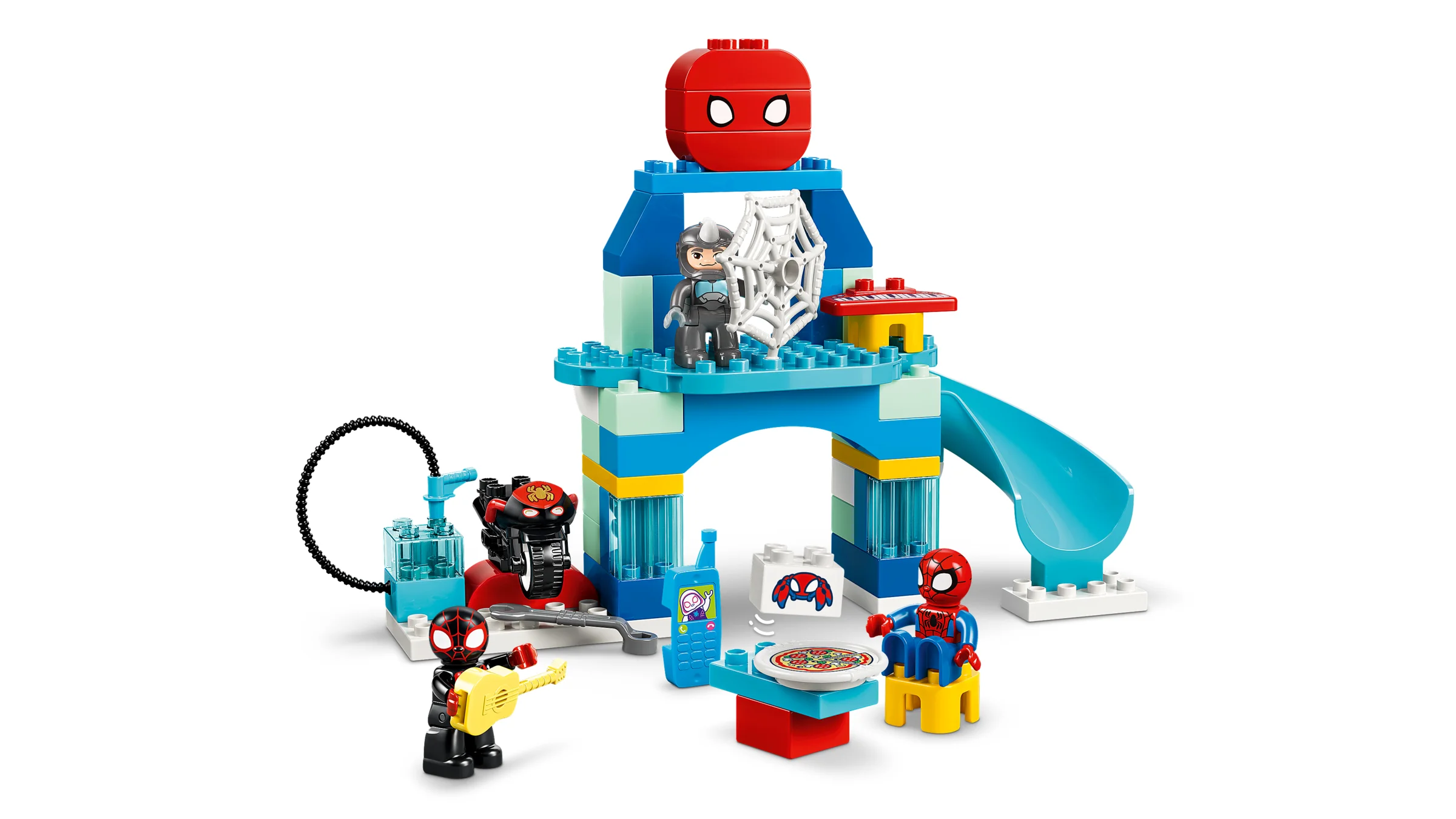 Imagine cu setul LEGO DUPLO Webquarters, cu personaje și elemente interactive.