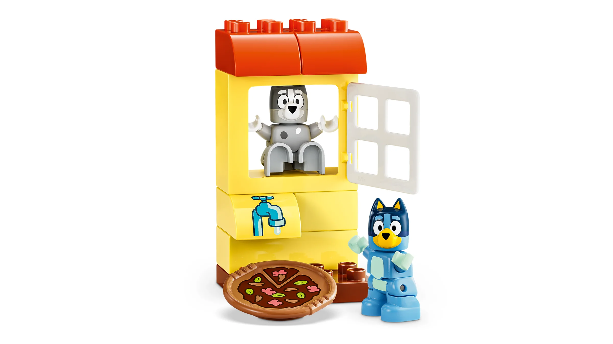 Imagine cu setul LEGO DUPLO 10469: Fete cu pizza, brioșă și Bluey. Distracție creativă pentru copii mici.