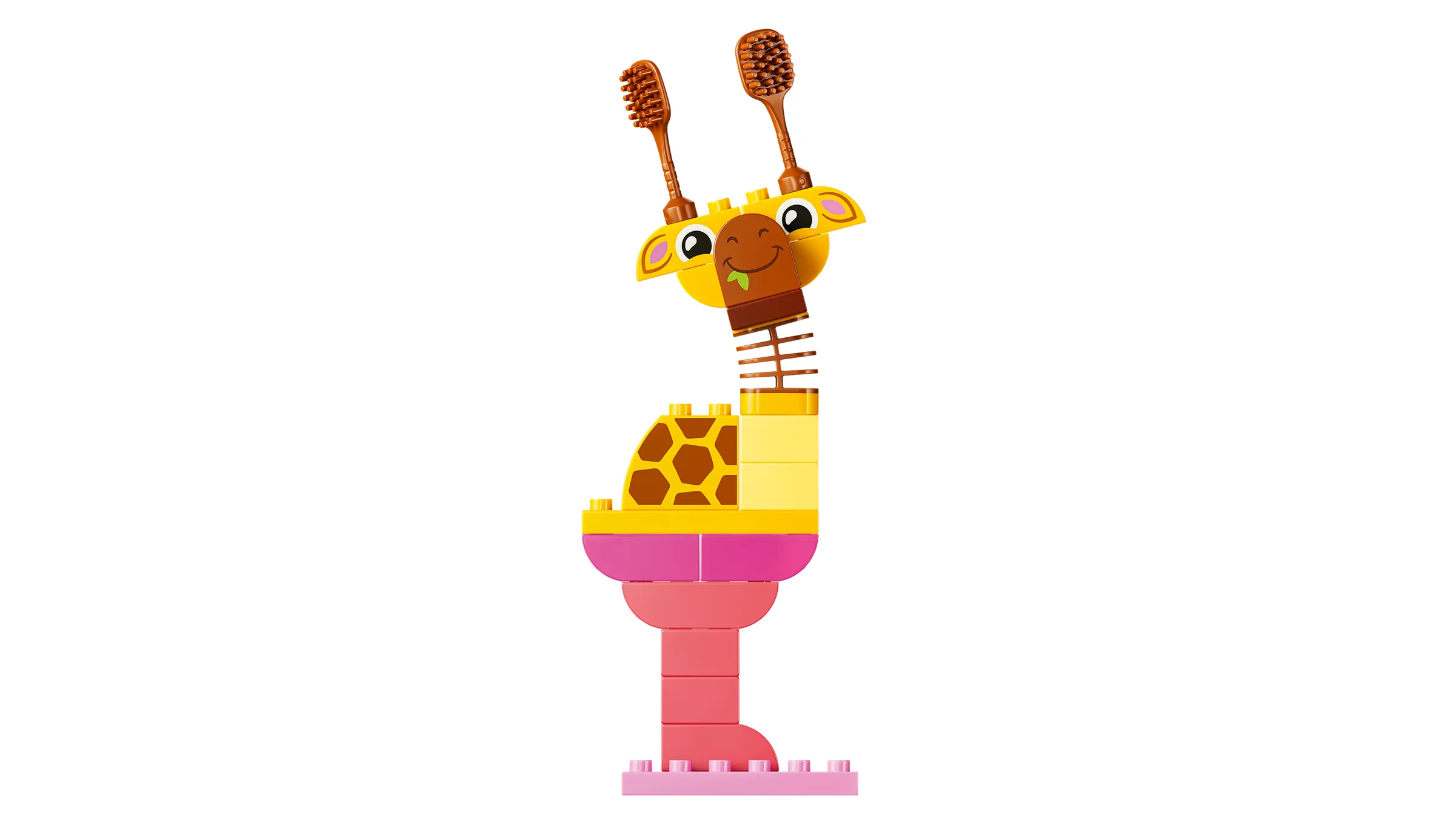 O girafă colorată din cărămizi DUPLO, cu gât flexibil și detalii simpatice. Jucărie creativă și distractivă.