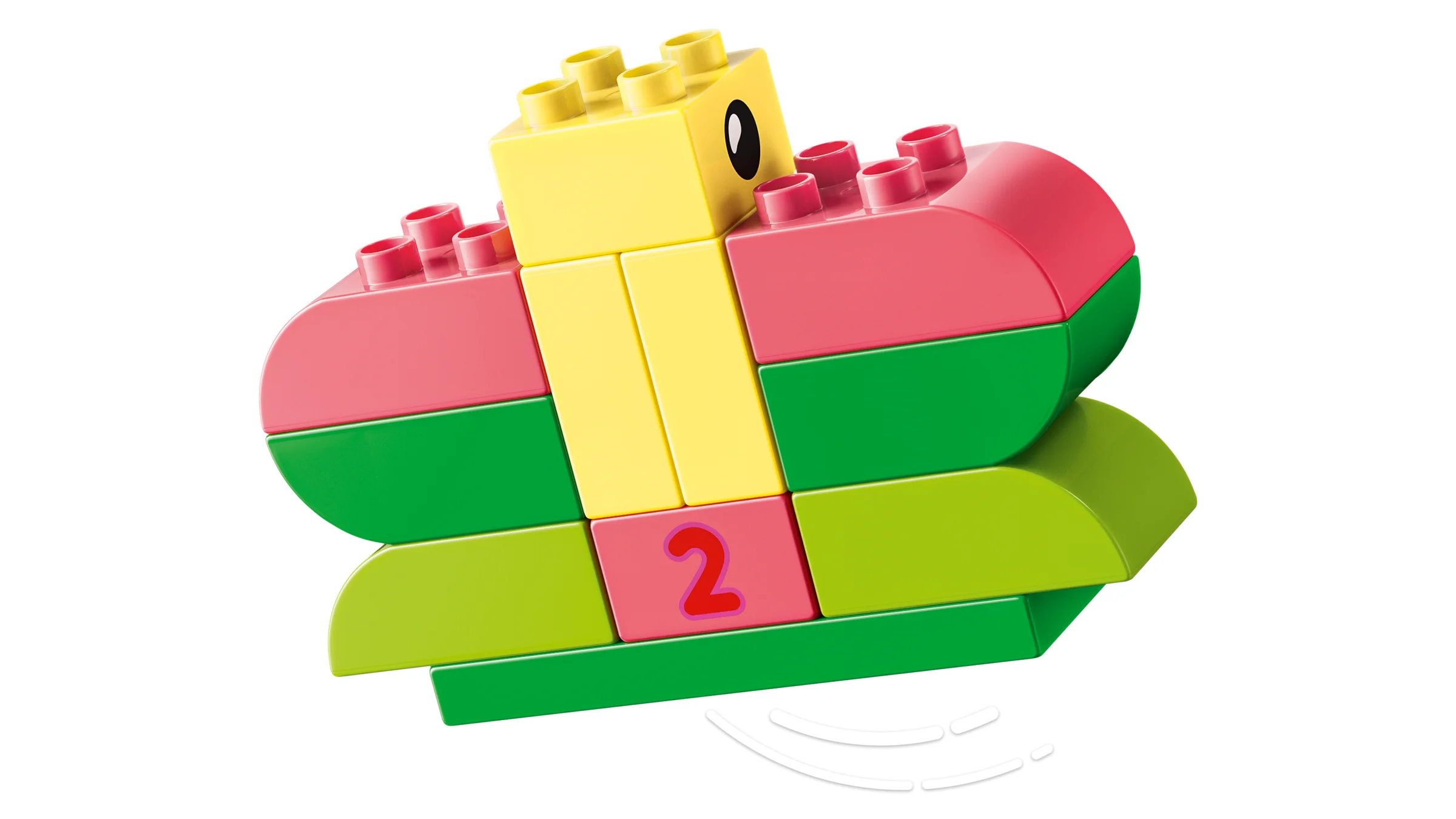 Imagine detaliată a unei construcții DUPLO colorate, posibil un animal, cu numărul 2 pe o cărămidă.