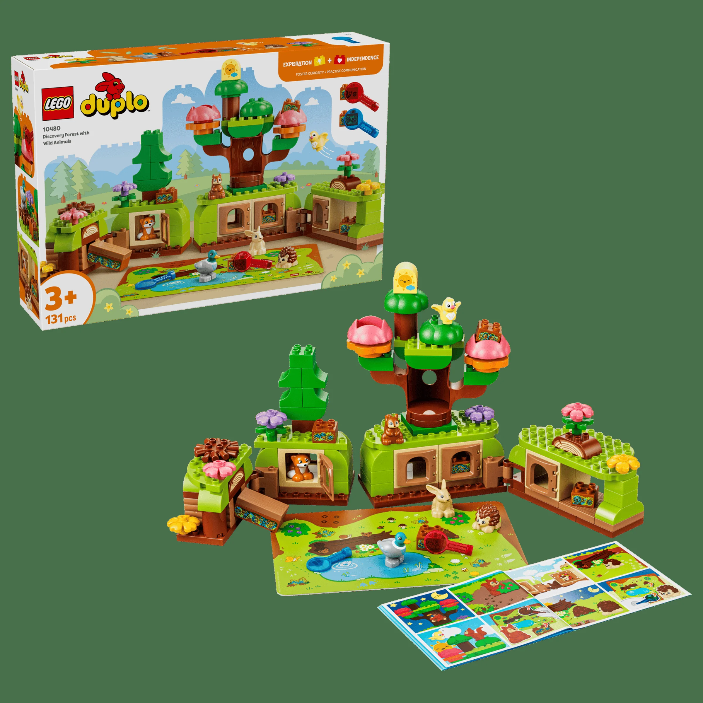 Imagine cu setul LEGO DUPLO 10480 Pădurea Descoperirilor și Animale Sălbatice, inclusiv cutia.