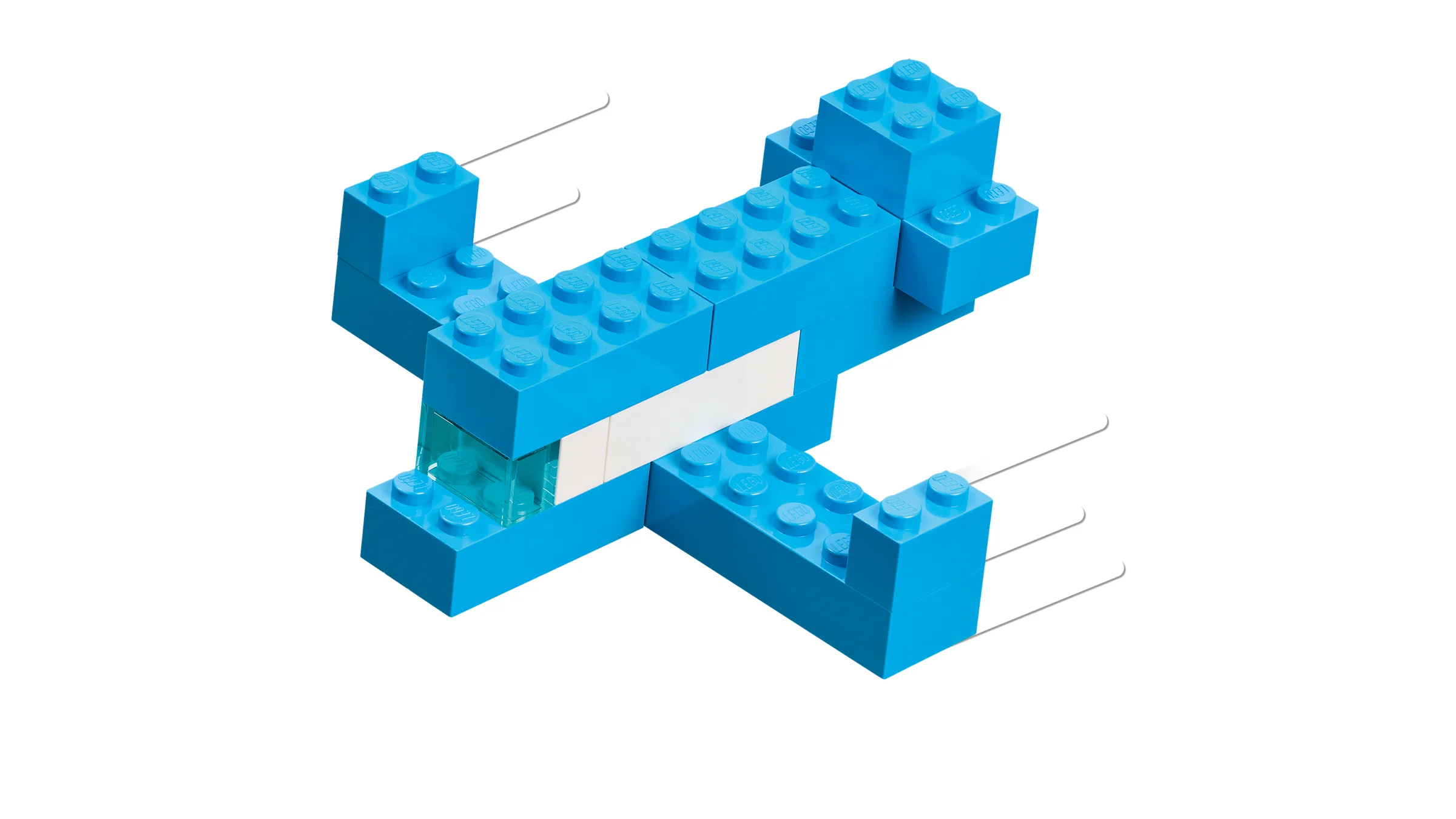 Avion albastru construit din cărămizi LEGO, cu accente albe și cockpit transparent.