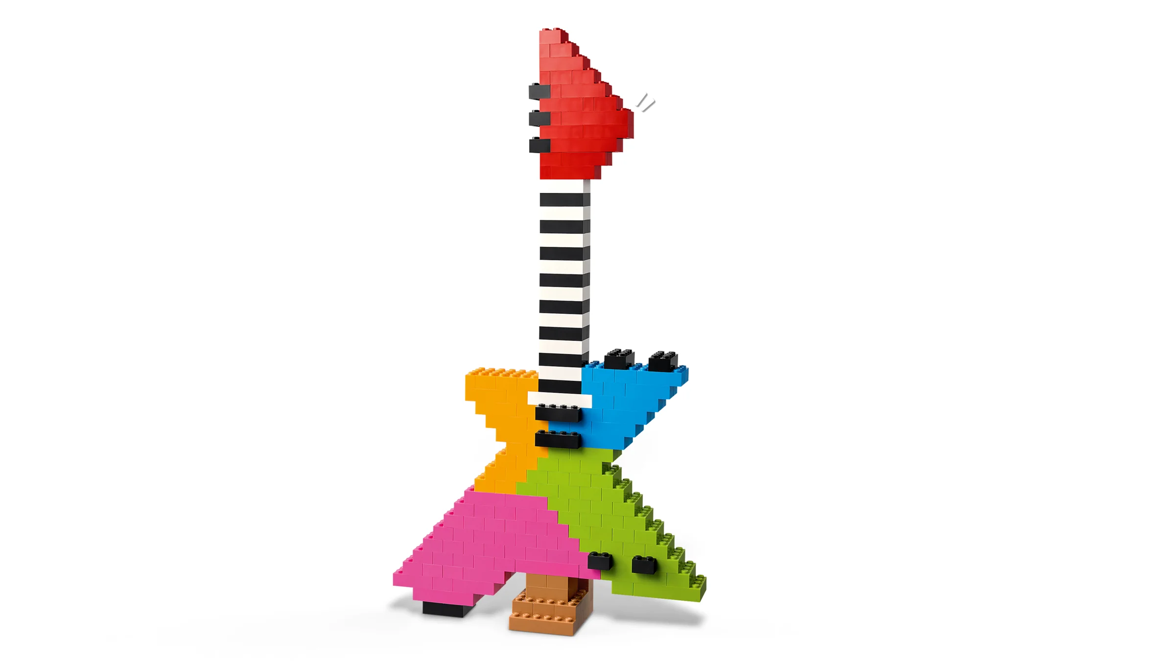 O chitară colorată construită din cărămizi LEGO, cu roșu, alb, negru, albastru, galben, verde și roz.