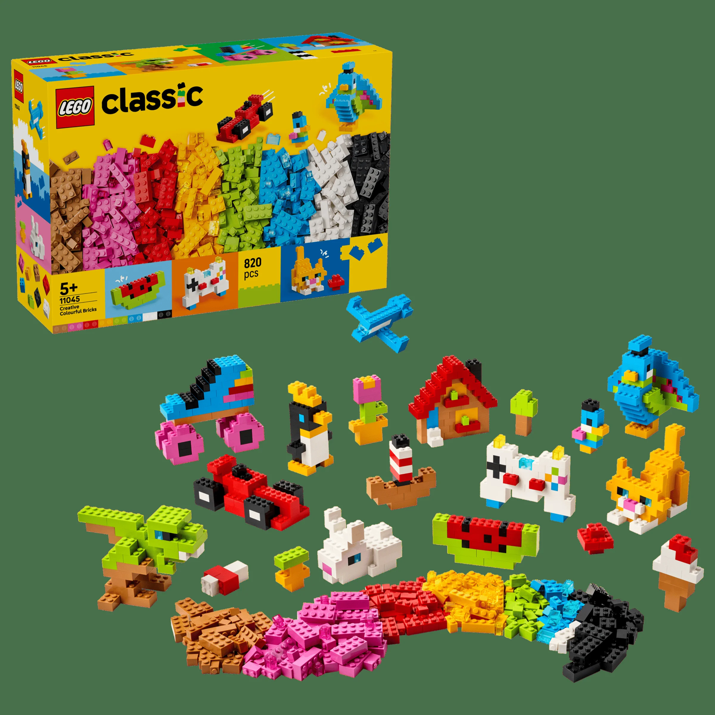 Imagine cu cutia LEGO Classic 11045 și modelele construite, pe un fundal verde simplu.