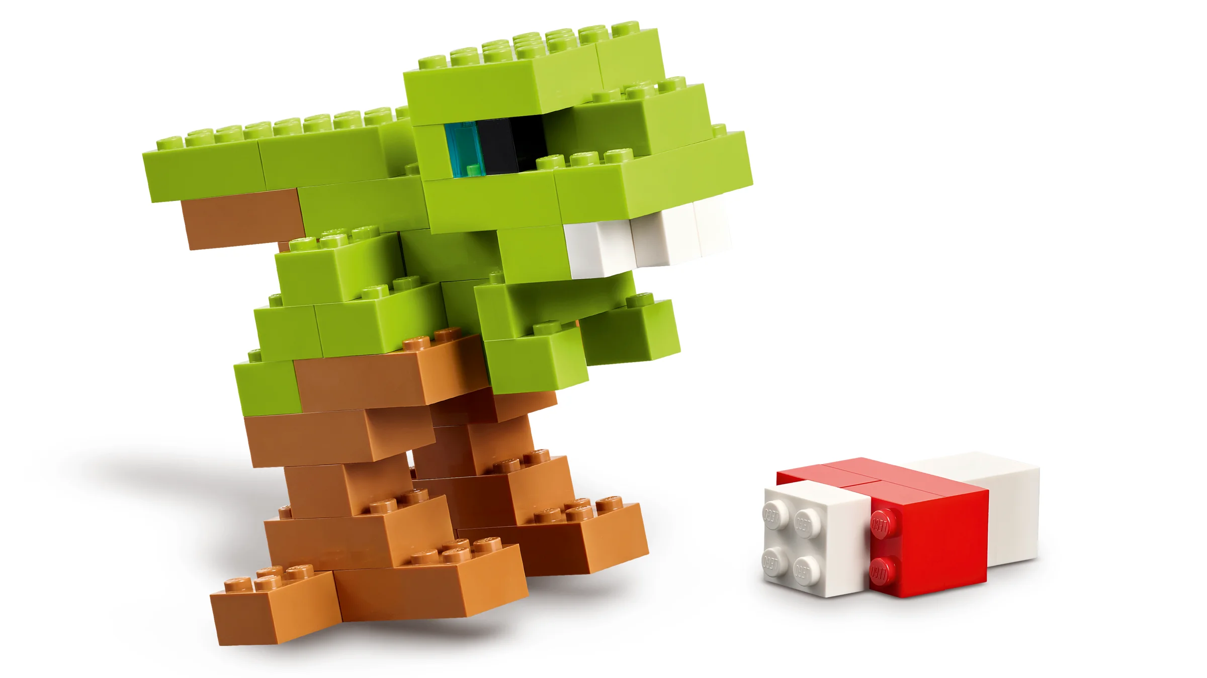 Un model de dinozaur verde și maro, construit din cărămizi LEGO Classic. Aspect creativ și colorat.