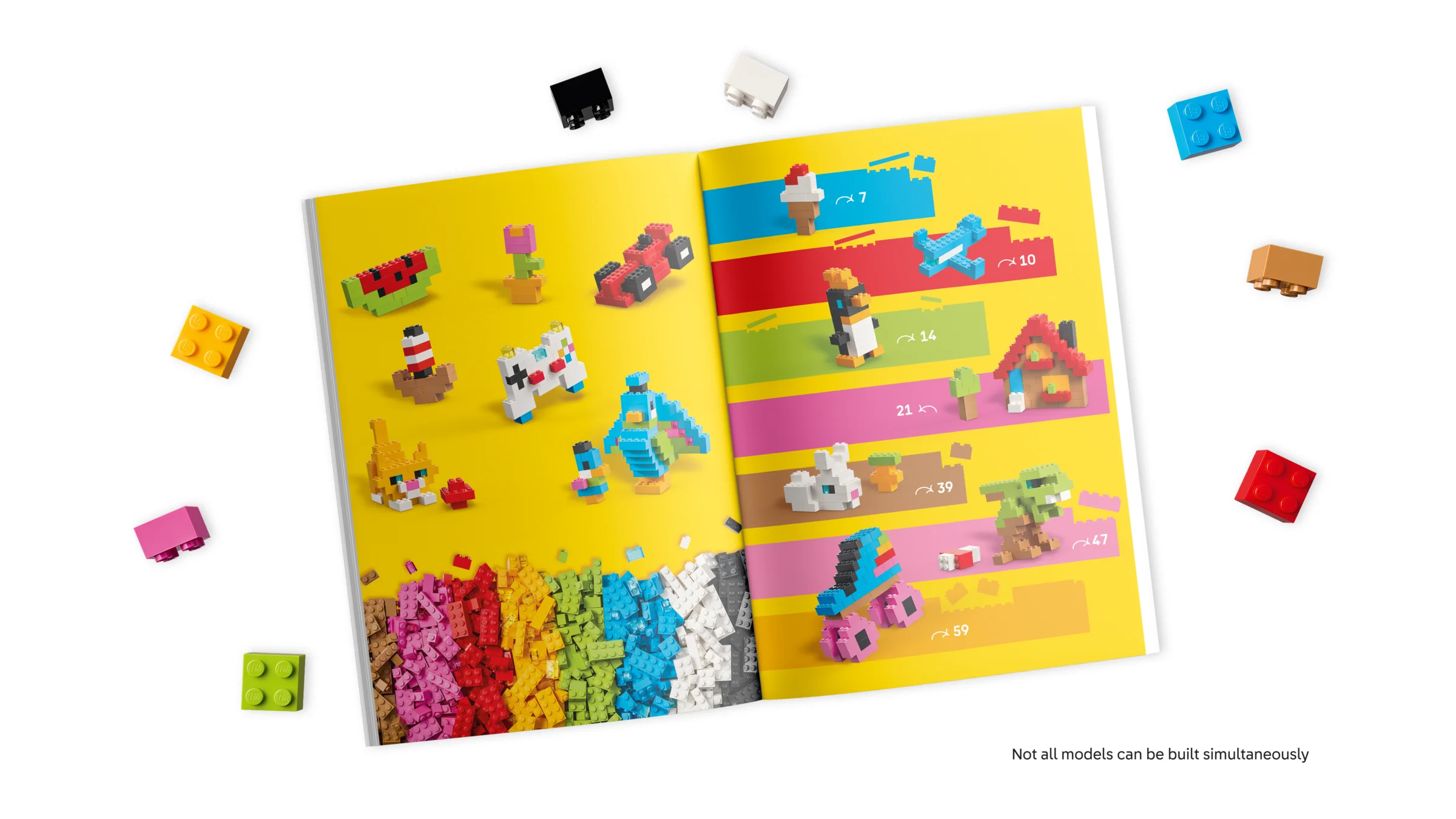 Imagine cu modelele LEGO colorate din setul 11045 prezentate într-o broșură deschisă.