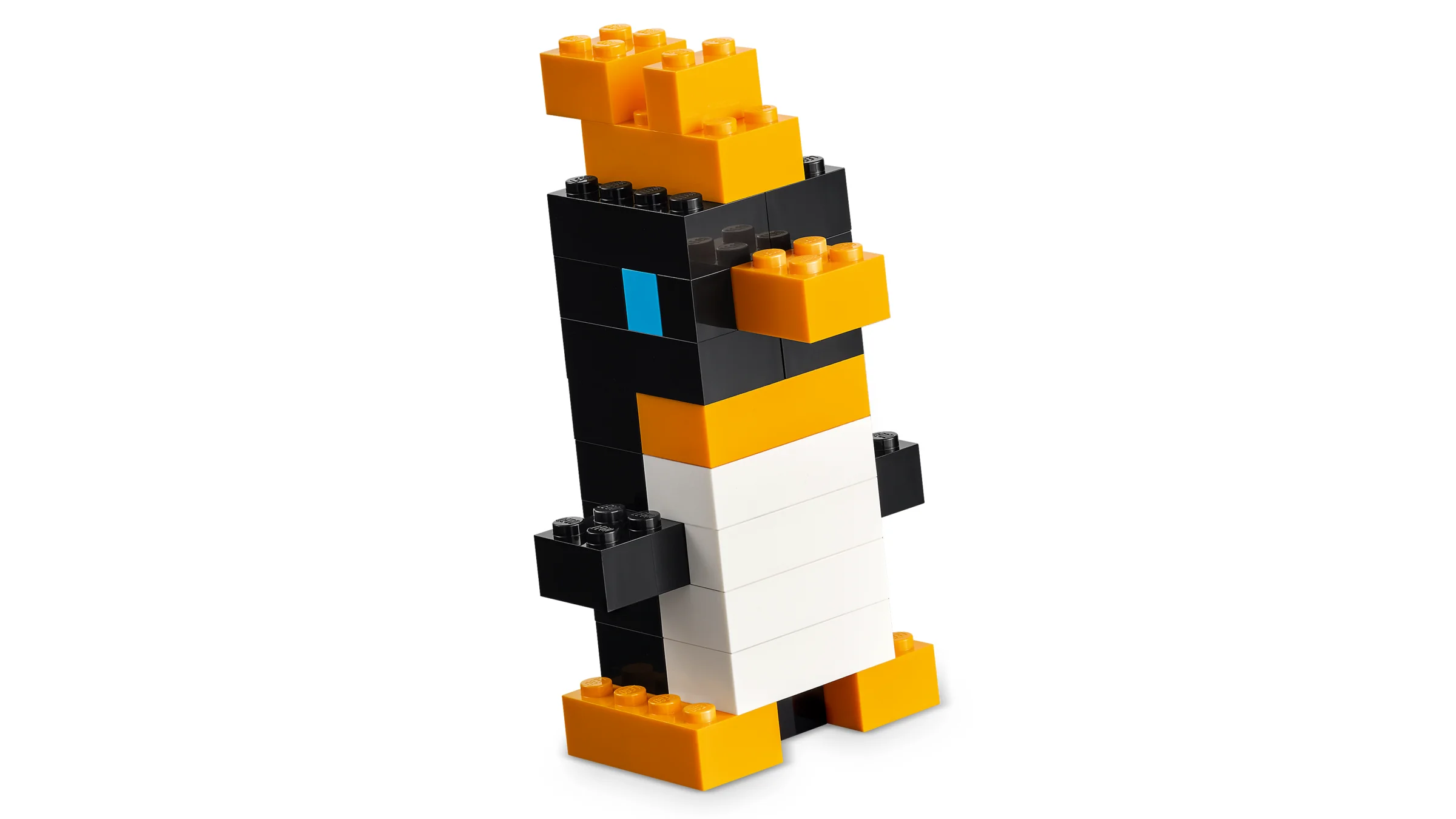 Pinguin colorat construit din cărămizi LEGO, negru, alb și portocaliu. Simbol al setului 11045.