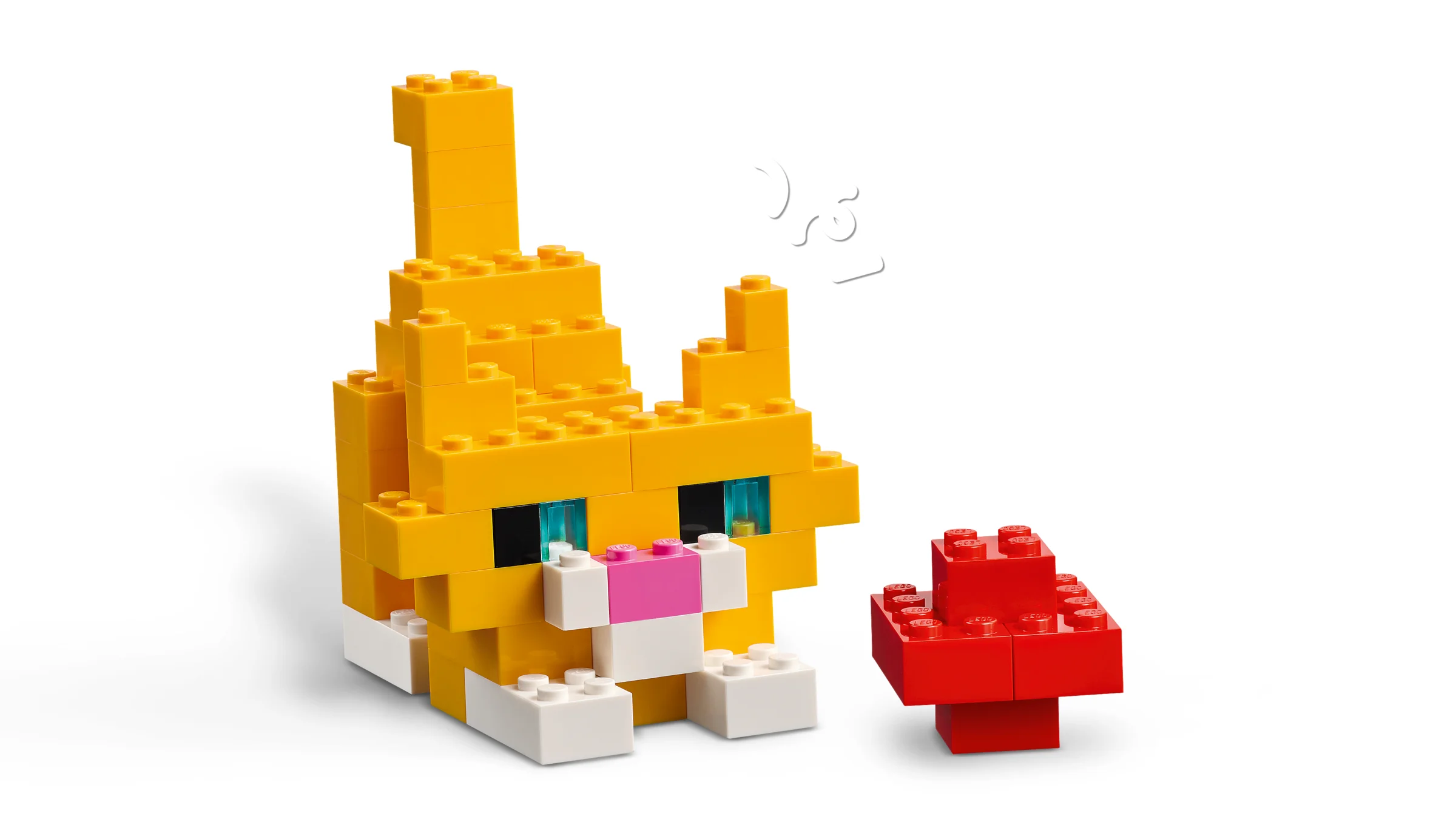Un model de pisică galbenă și o ciupercă roșie construite din cărămizi LEGO colorate.