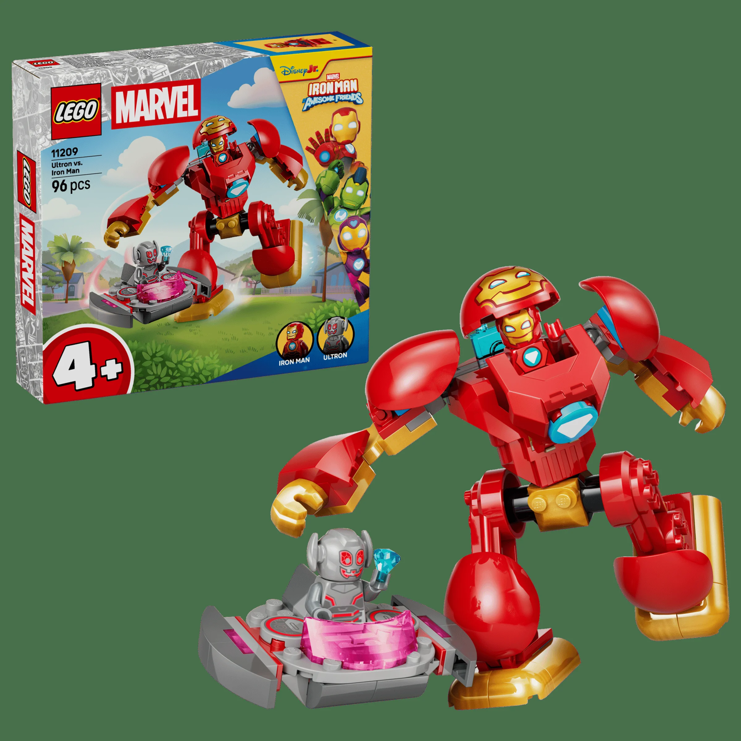 Imagine cu setul LEGO 11209 Ultron vs. Iron Man, prezentând cutia și modelele construite.