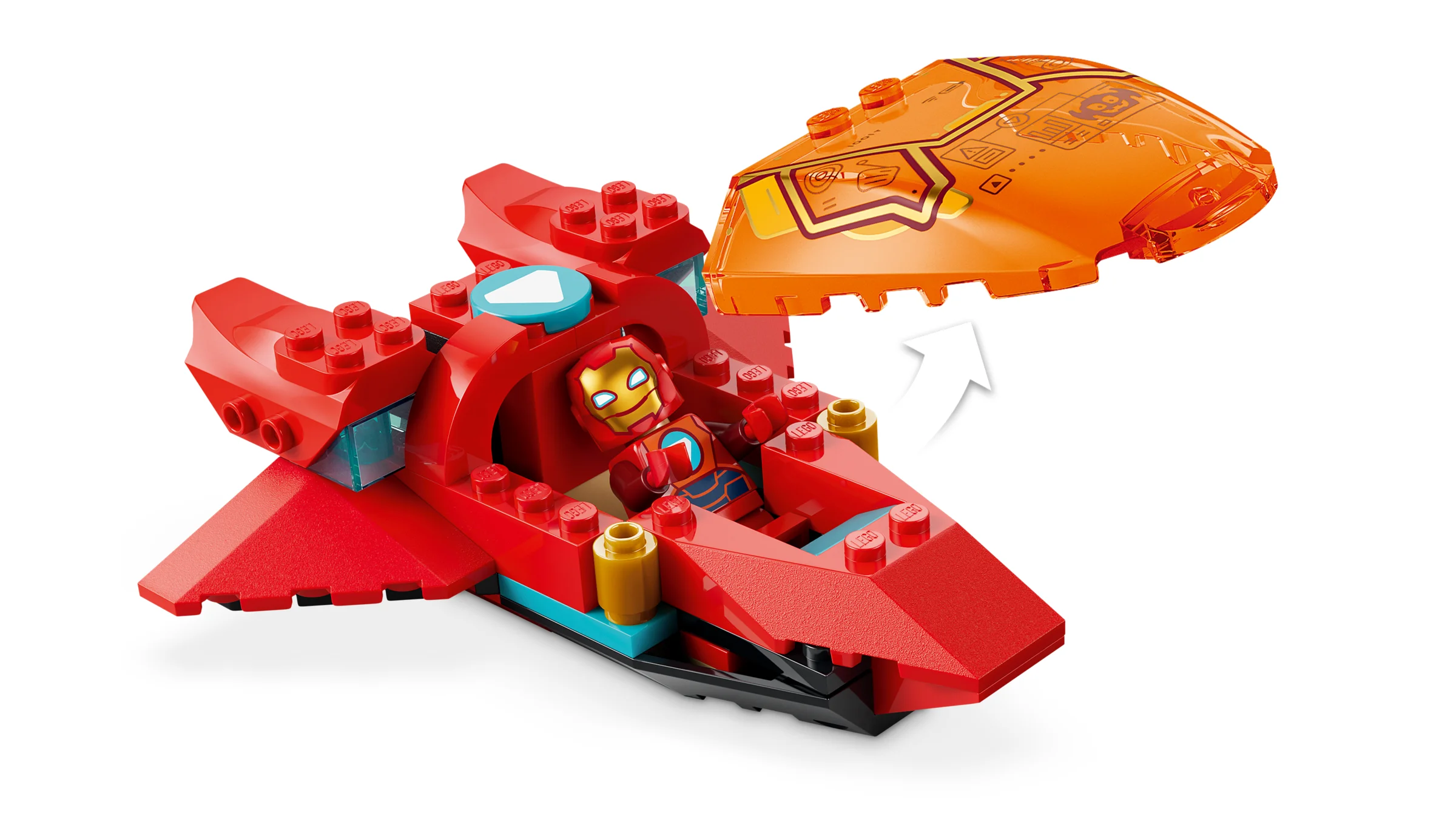 Avionul lui Iron Man din setul LEGO 11211. Design roșu și portocaliu, cu minifigurina Iron Man la bord.