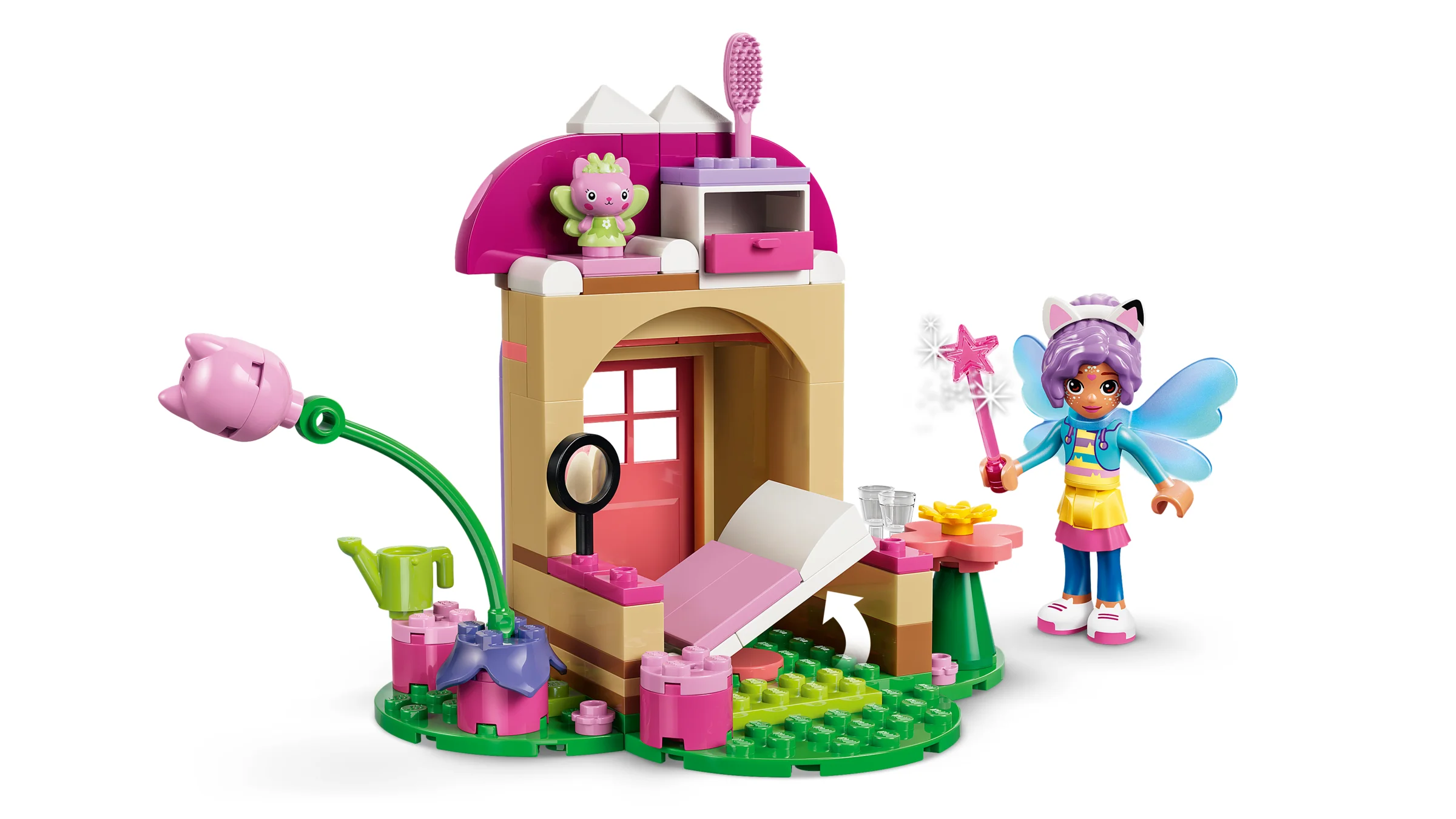 Imagine cu setul LEGO 11212, Căsuța din Grădină a Zânei Pisicuță, cu minifigurine și detalii.