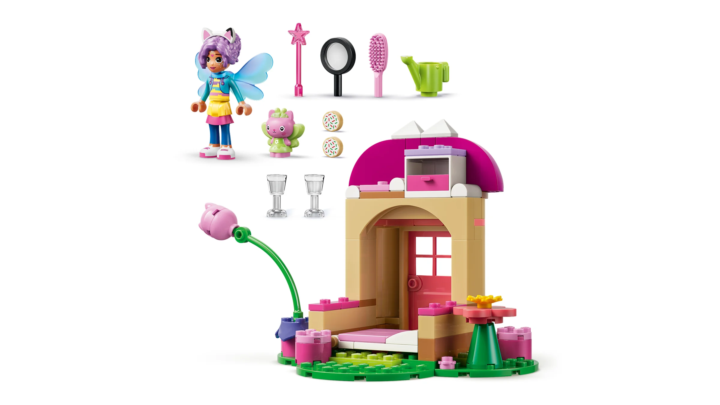 Imagine cu setul LEGO 11212 Grădina lui Kitty Fairy, cu minifigurinele și accesoriile incluse.