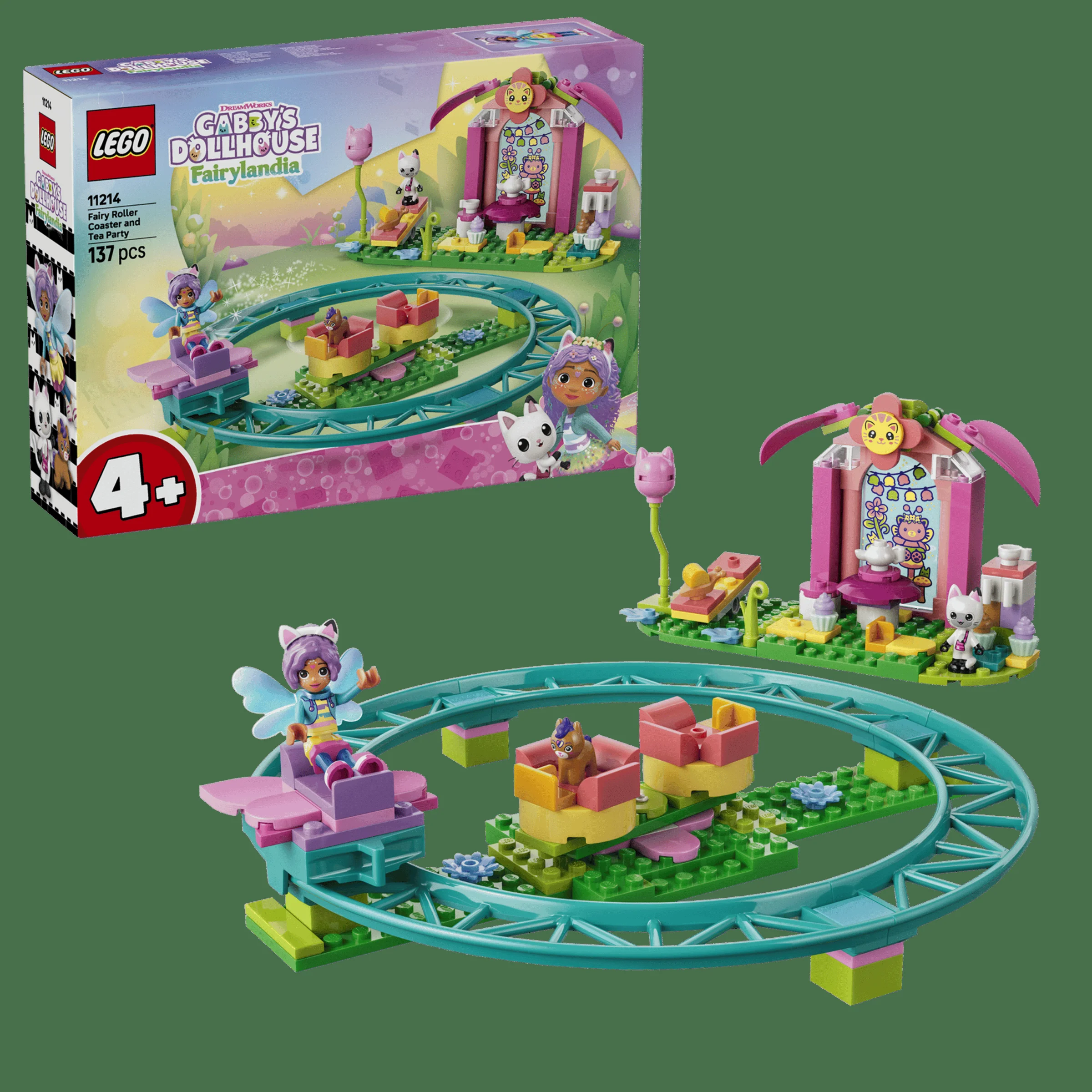Setul LEGO 11214, „Fairy Roller Coaster and Tea Party”, include un roller coaster și o zonă de ceai.