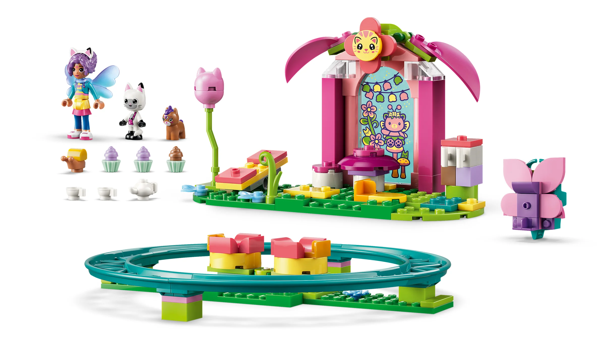 Imagine cu setul LEGO Gabby's Dollhouse 11214, ce include un roller coaster și o petrecere de ceai.