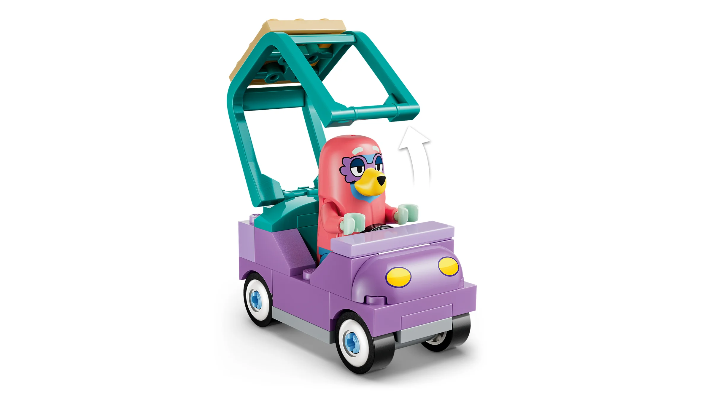 Imagine cu mașina LEGO a Bunicilor, cu acoperiș mobil și o bunicuță la volan.