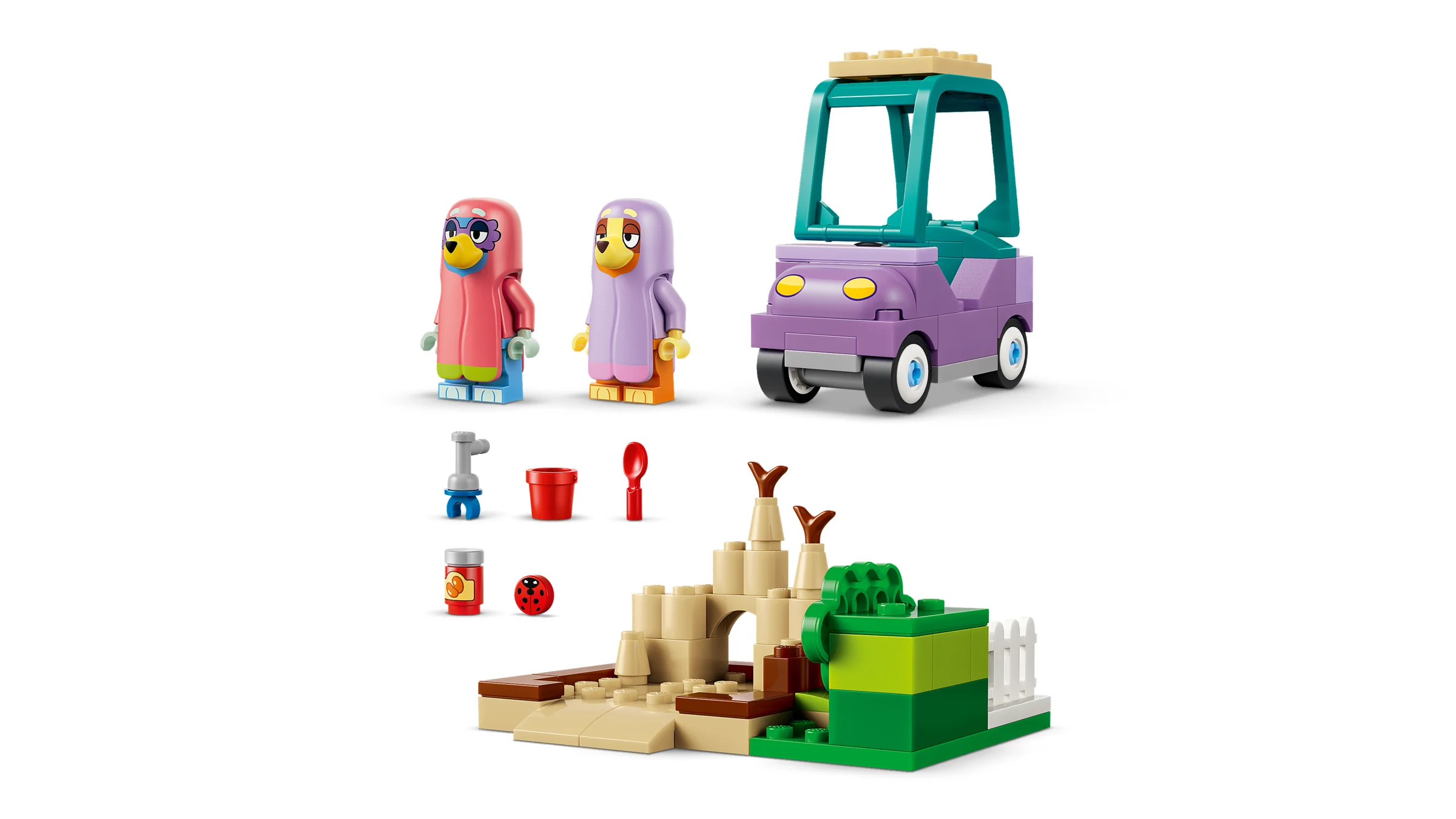 Imagine cu setul LEGO Bluey 11216, ce include figurinele Bunicilor și un cărucior de golf.