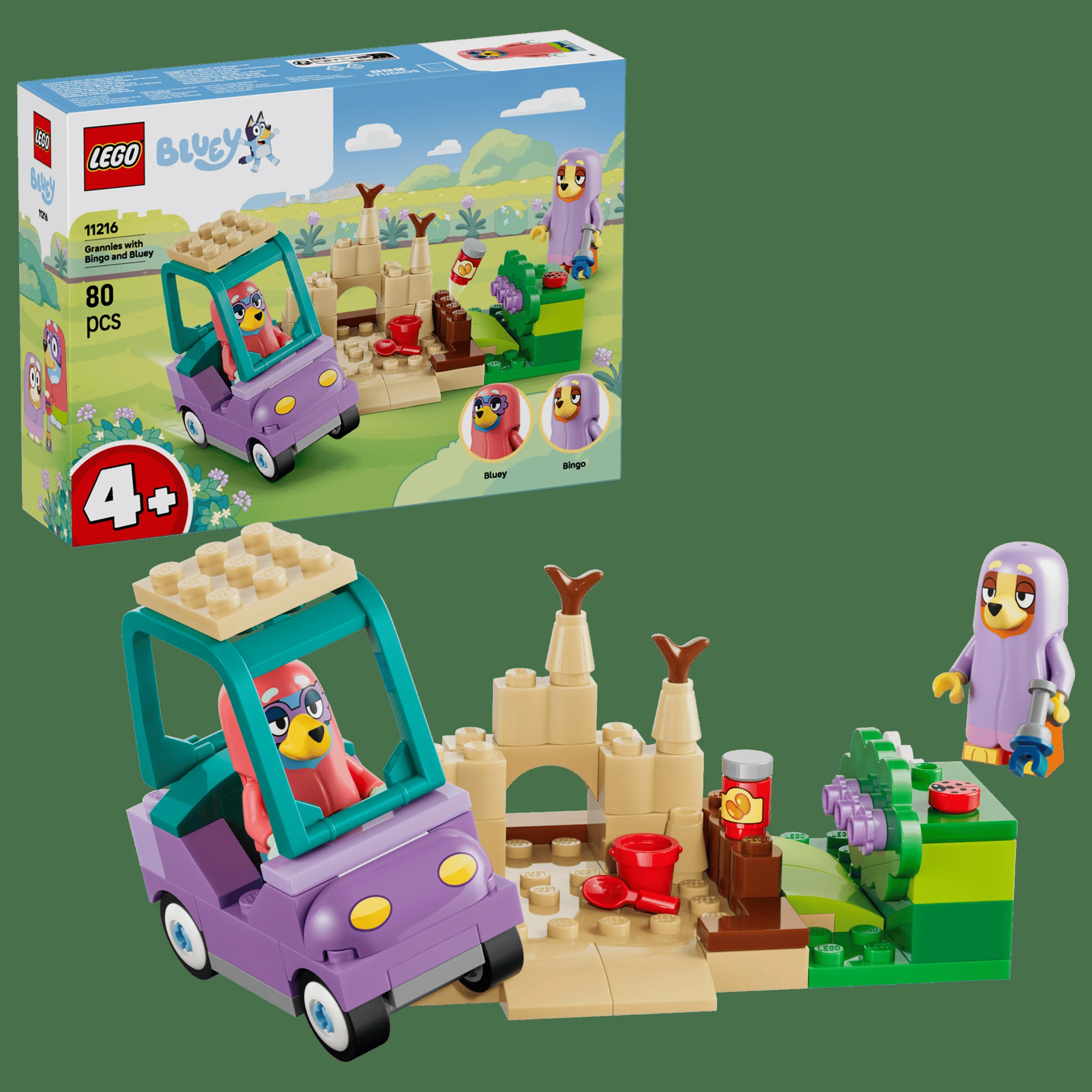 Imagine cu setul LEGO Bluey 11216, cu mașina, construcțiile și minifigurinele Bluey și Bingo.