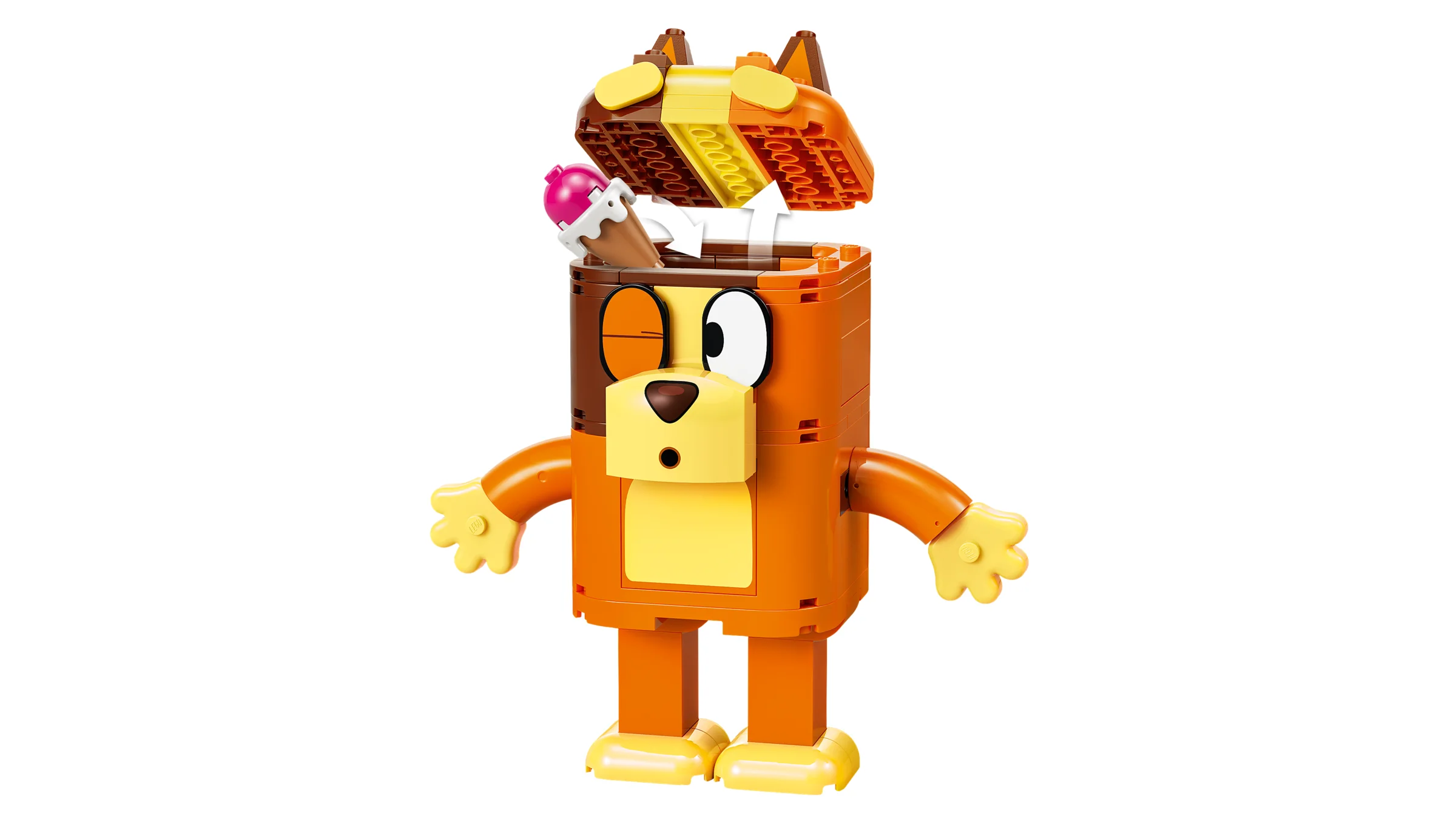 Bluey din cărămizi LEGO, cu capul deschis și o înghețată introdusă.