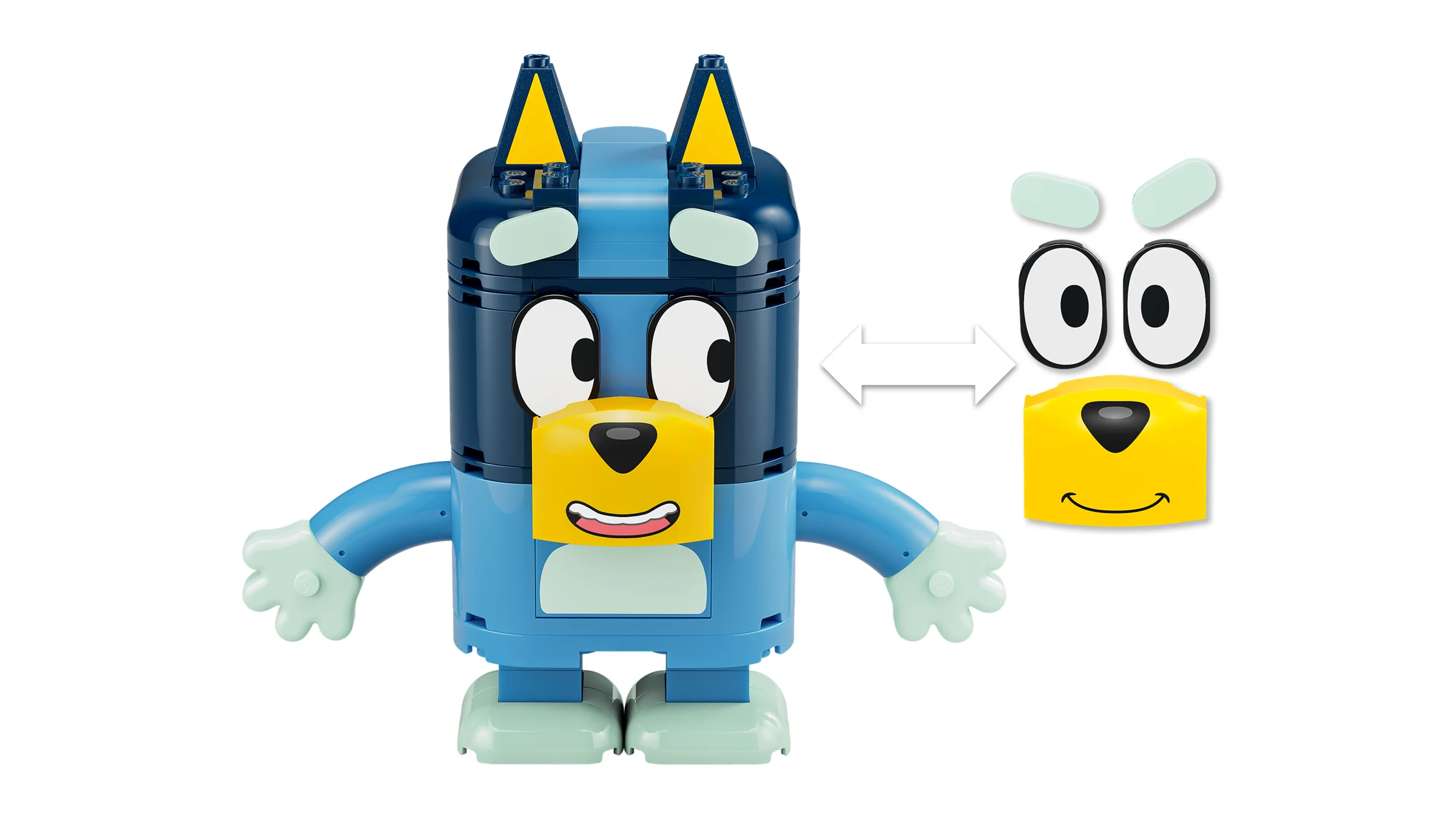 Bluey construită din cărămizi LEGO, cu accesorii faciale interschimbabile.