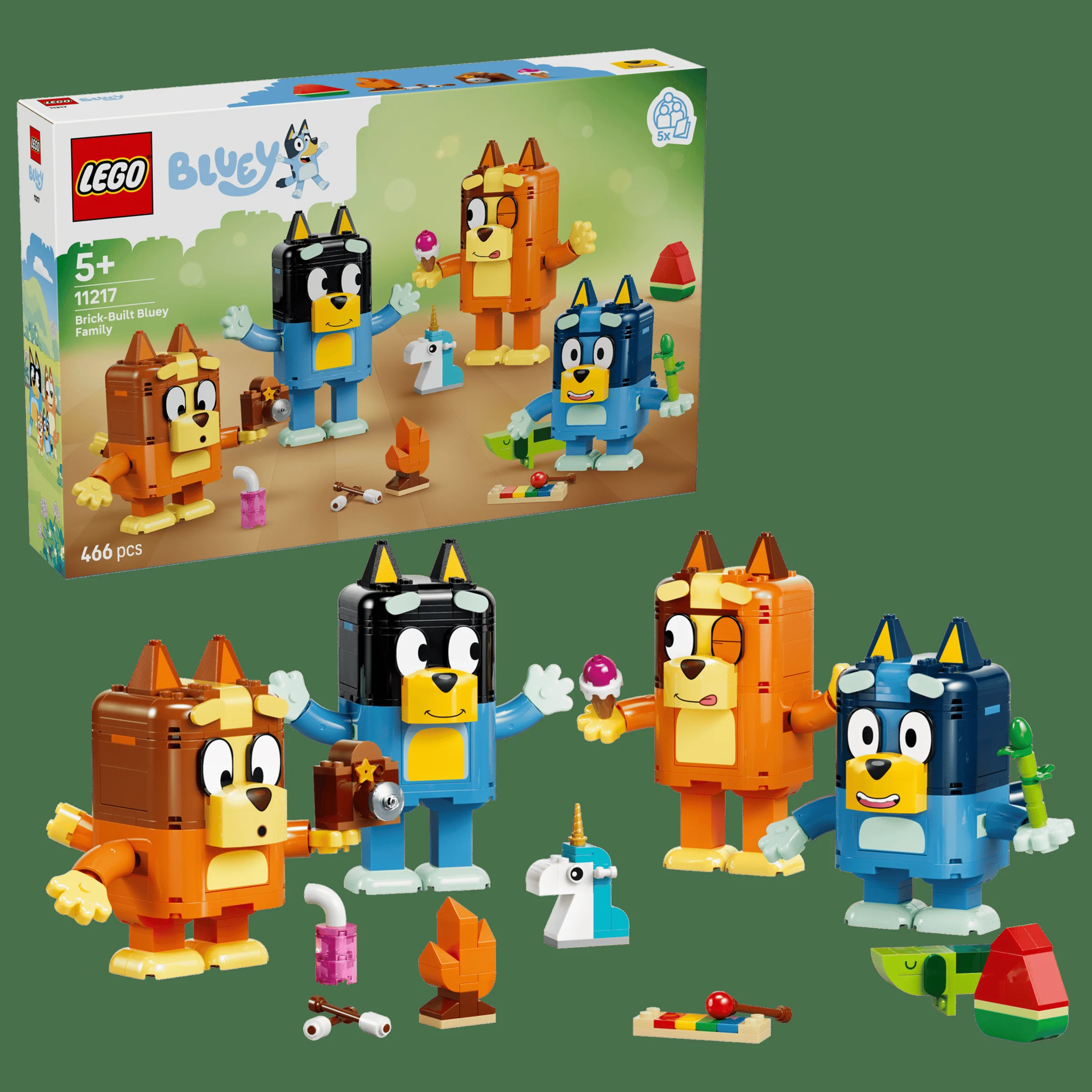 Imagine cu setul LEGO Bluey 11217 și cutia. Include figurinele Bluey, Bingo, Chilli, Bandit.