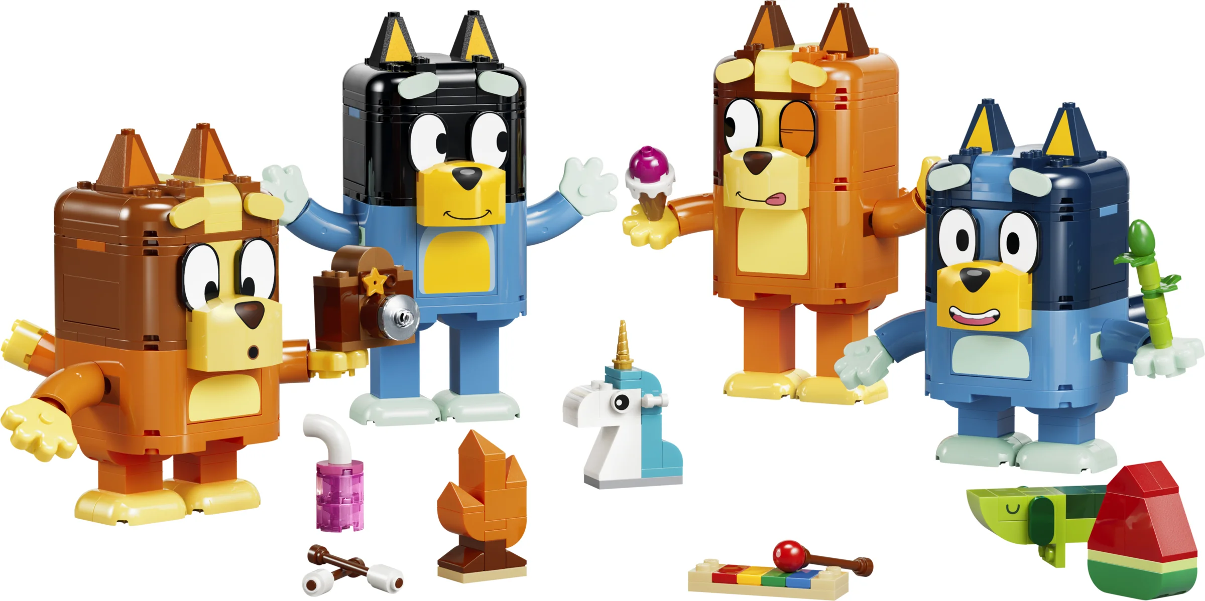 Setul LEGO Bluey cu figurinele construibile Bluey, Bingo, Bandit și Chilli, plus accesorii.
