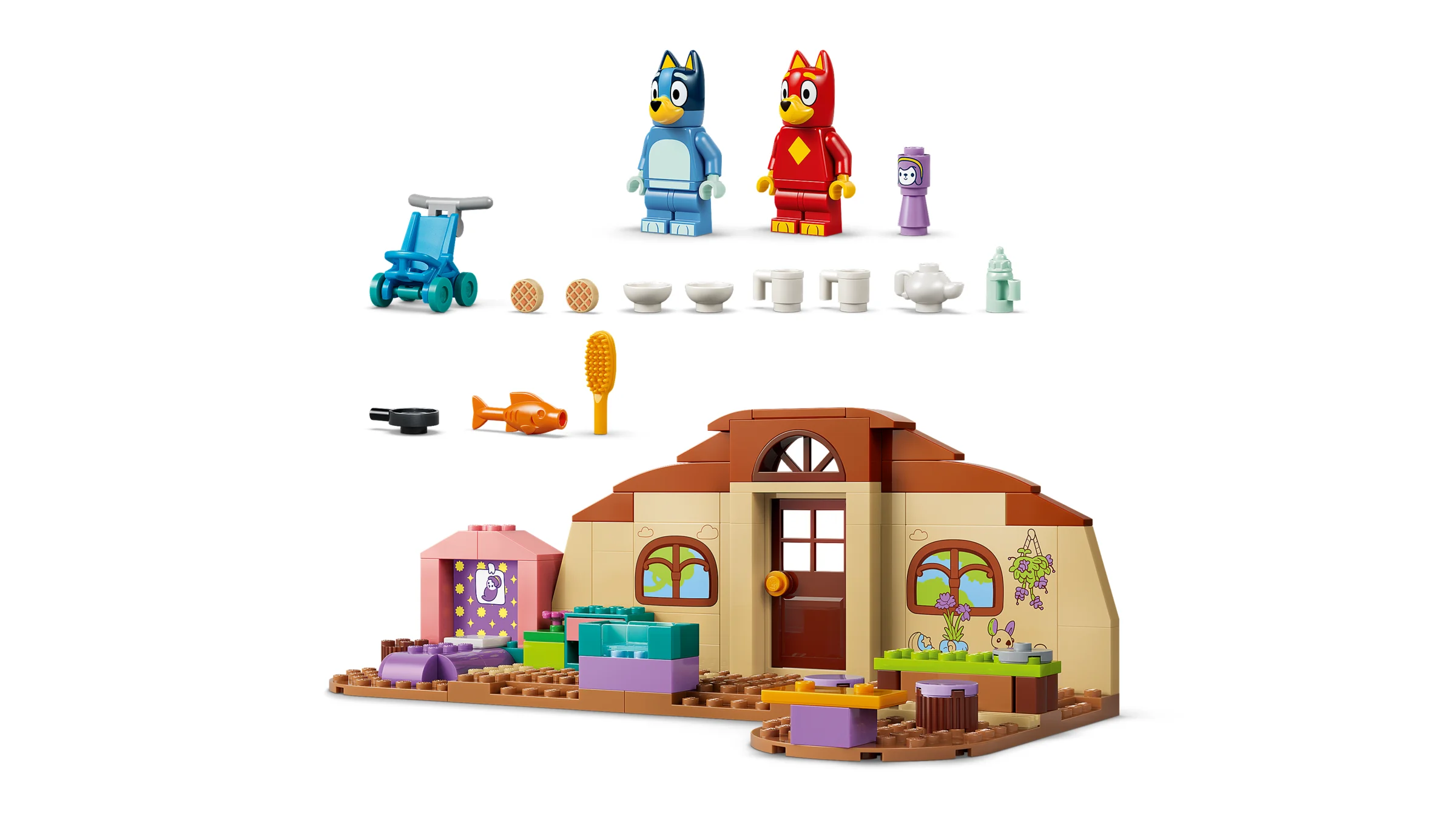 Imagine cu setul LEGO Bluey 11221, cu căsuța și figurinele Bluey, Rusty și Muffin.