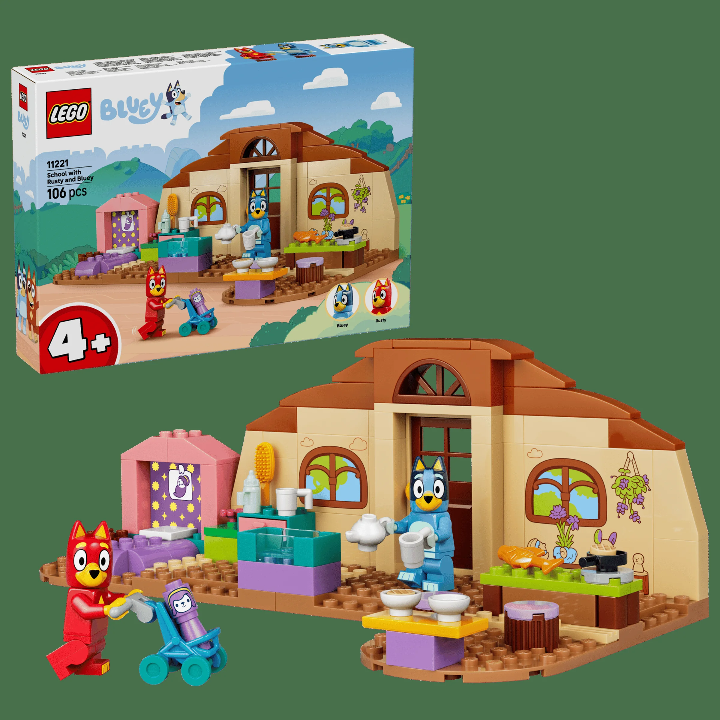 Imagine cu setul LEGO 11221 „Școala cu Rusty și Bluey” și cutia acestuia.