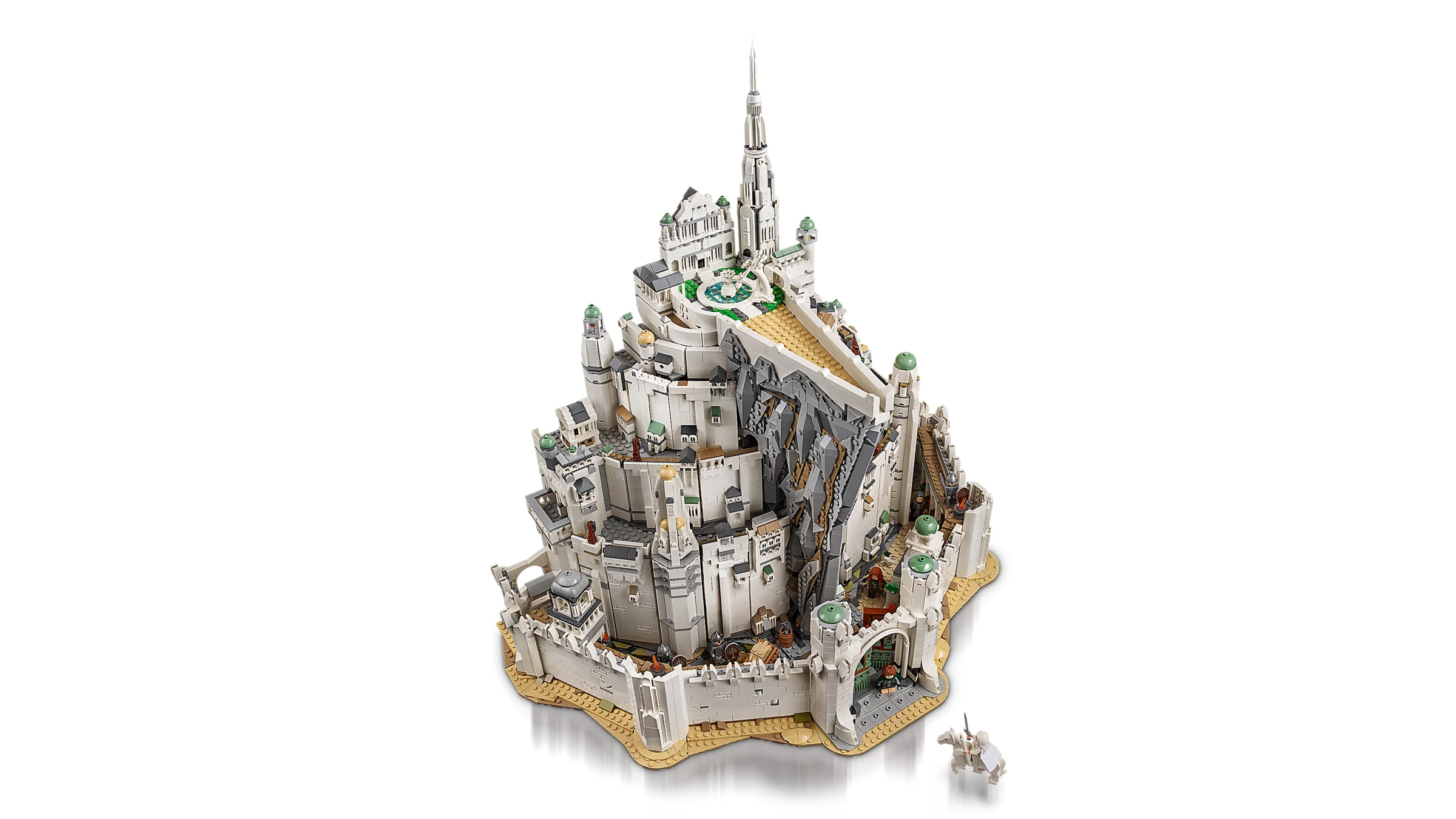 Minas Tirith LEGO detaliat, văzută de sus, impresionantă prin arhitectura sa.