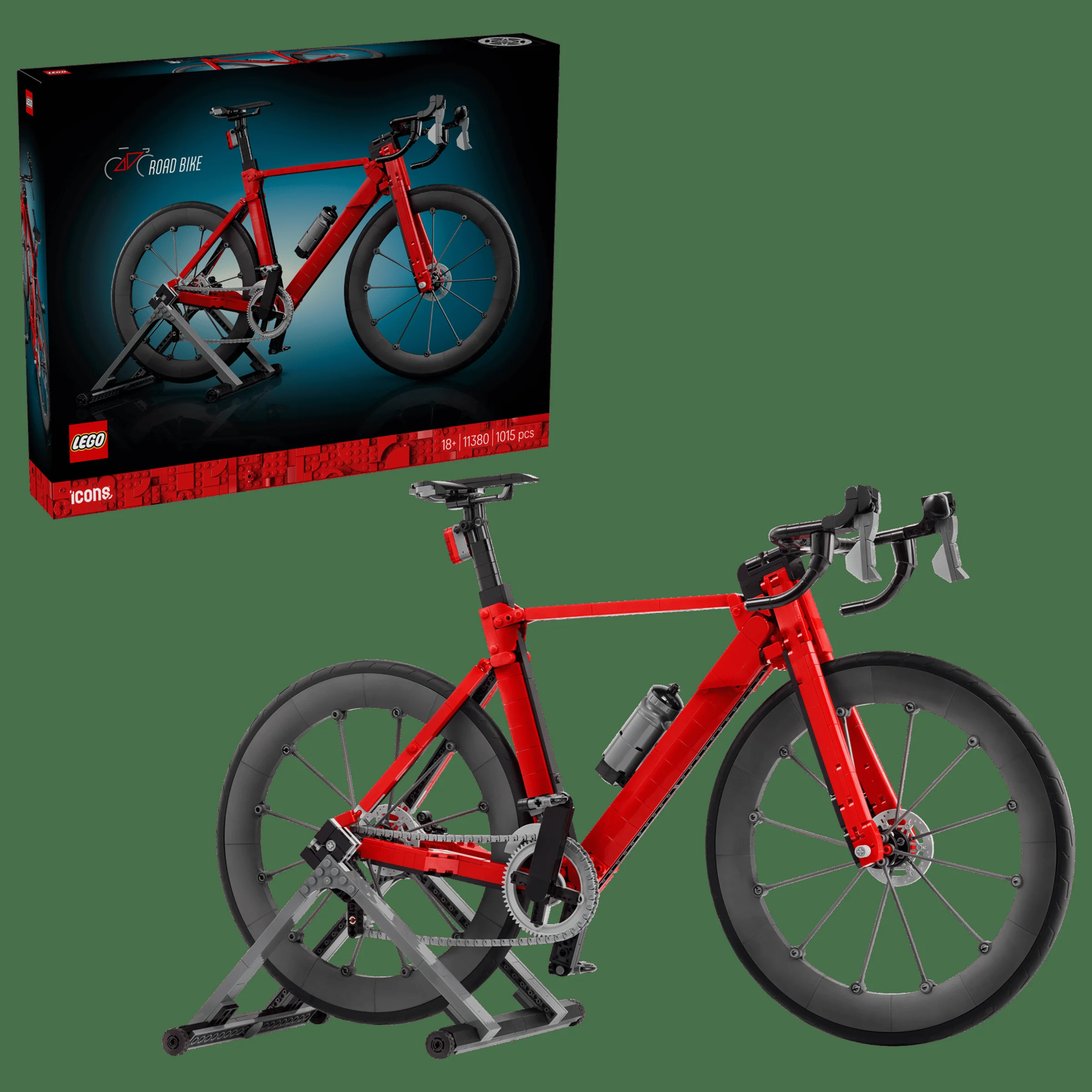 Imagine cu bicicleta roșie LEGO 11380 și cutia produsului. Design detaliat și elegant.