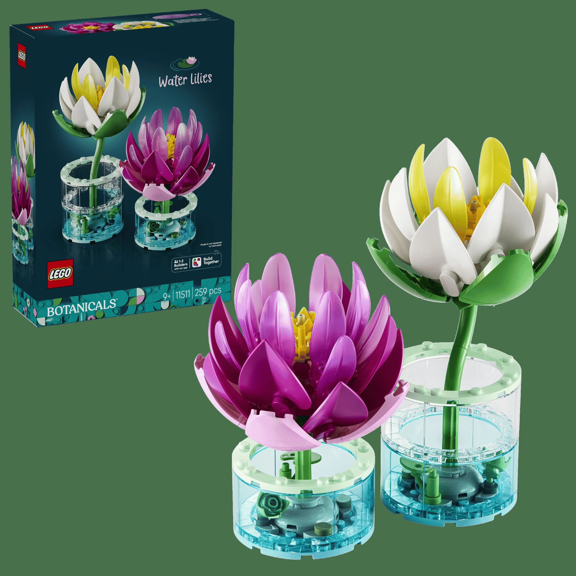 Imagine cu setul LEGO 11511 Nuferi, prezentând cutia și modelele construite, un cadou floral deosebit.