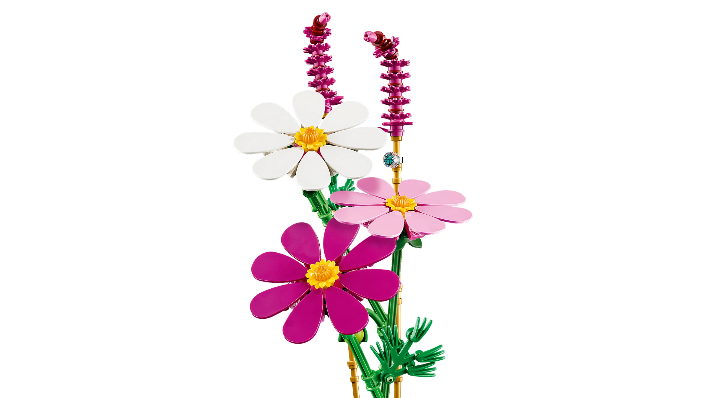 Un buchet viu colorat de cosmos LEGO, cu flori albe, roz și violet intens. Aspect realist.