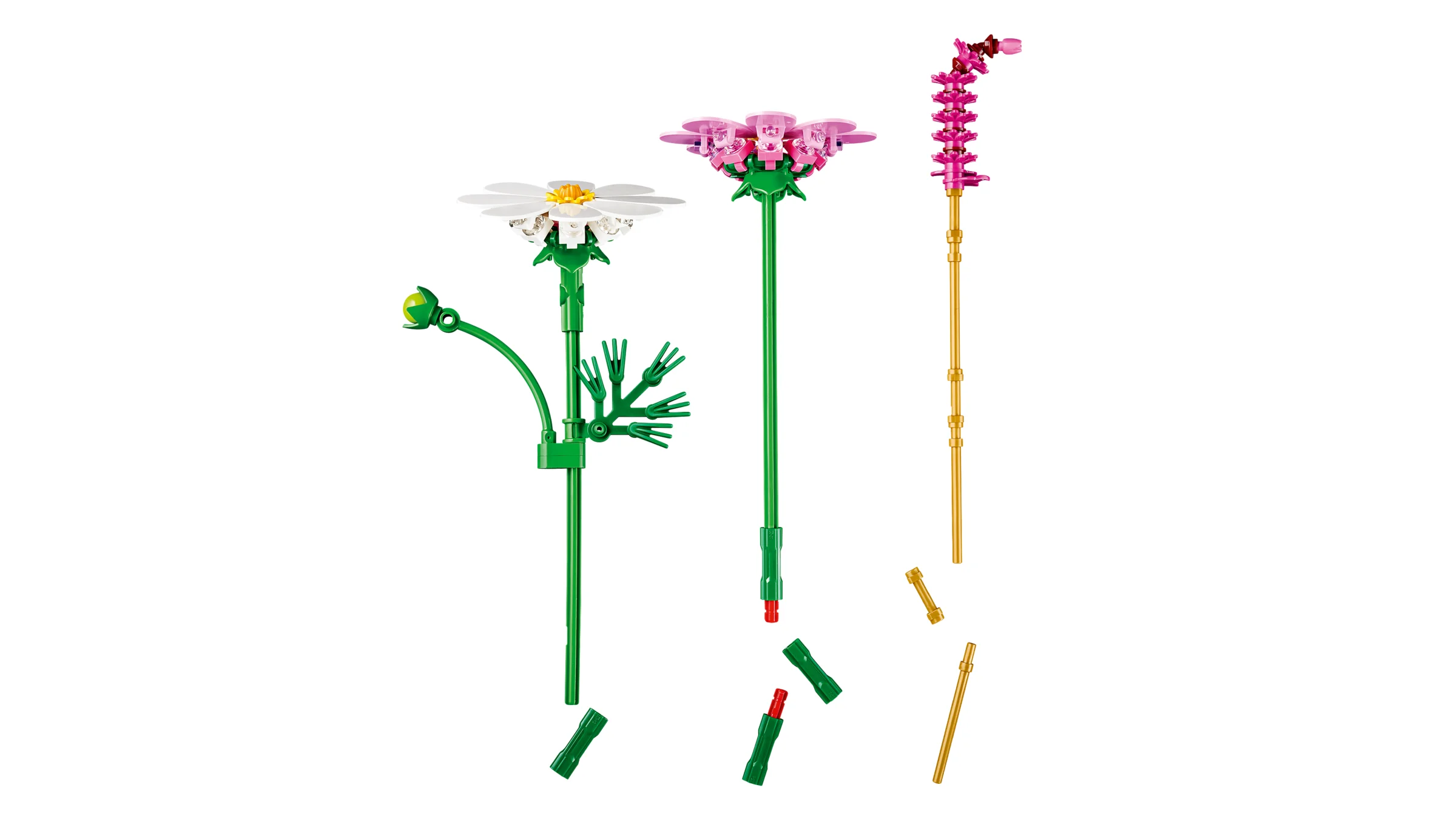 Imagine cu flori Cosmos LEGO, arătând detaliile construcției. Flori albe, roz și o tijă aurie.