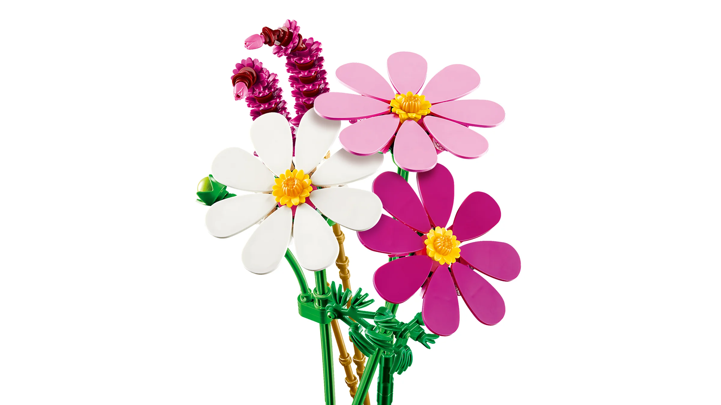 Set LEGO cu flori Cosmos colorate: alb, roz, violet. Detaliile includ tulpini verzi și centre galbene.