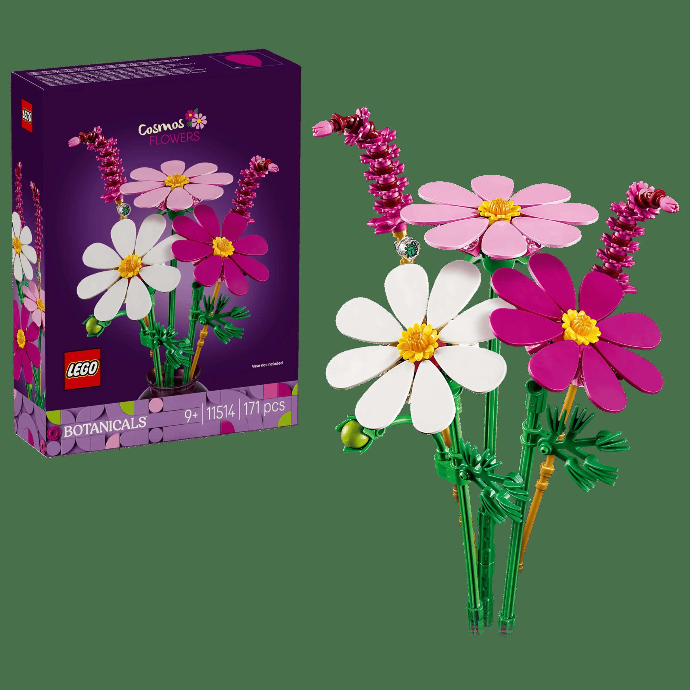 Imagine cu setul LEGO 11514 Cosmos Flowers, arătând cutia și modelul construit. Detaliile florale sunt accentuate.