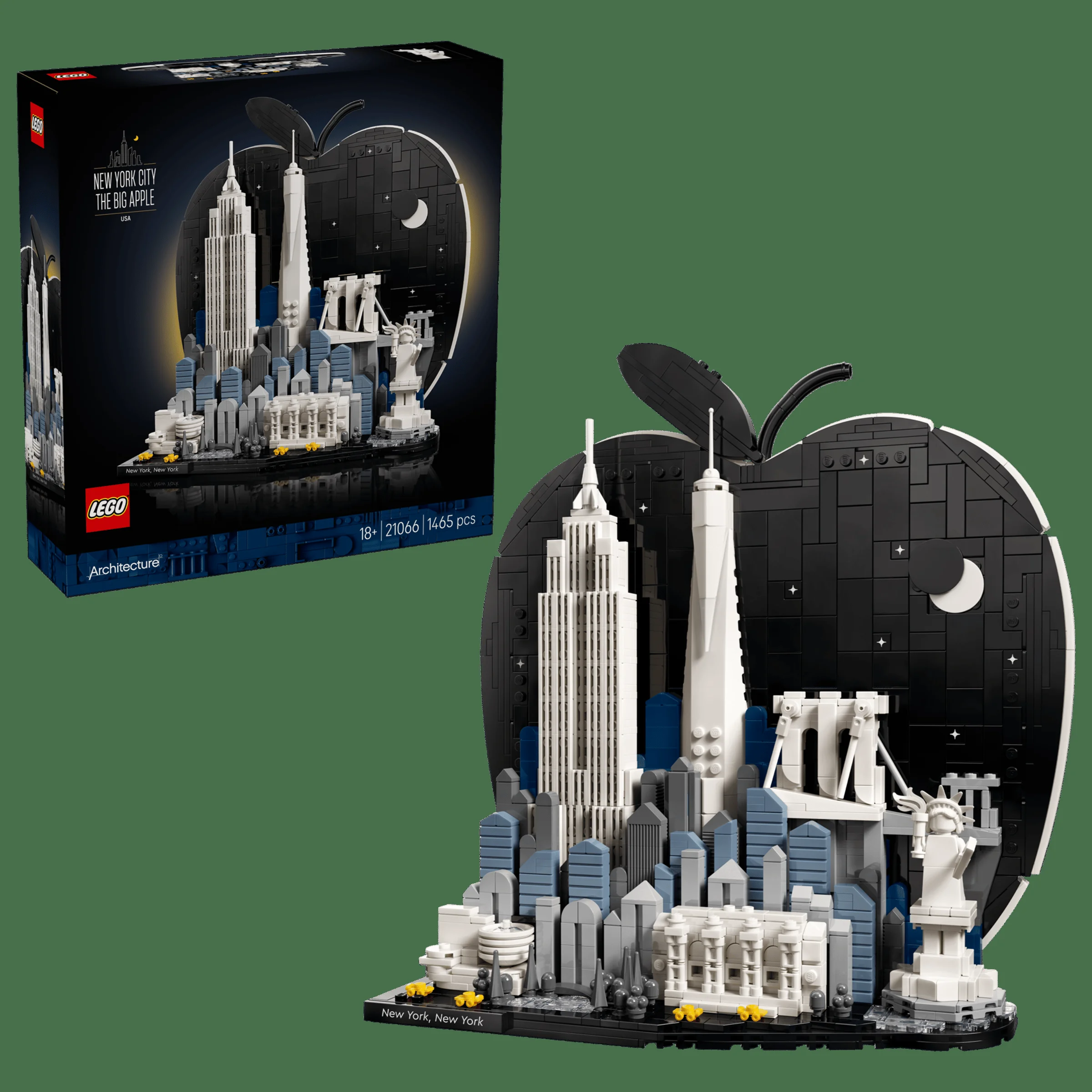 Imagine cu setul LEGO Architecture 21066, New York City, prezentat alături de cutie.