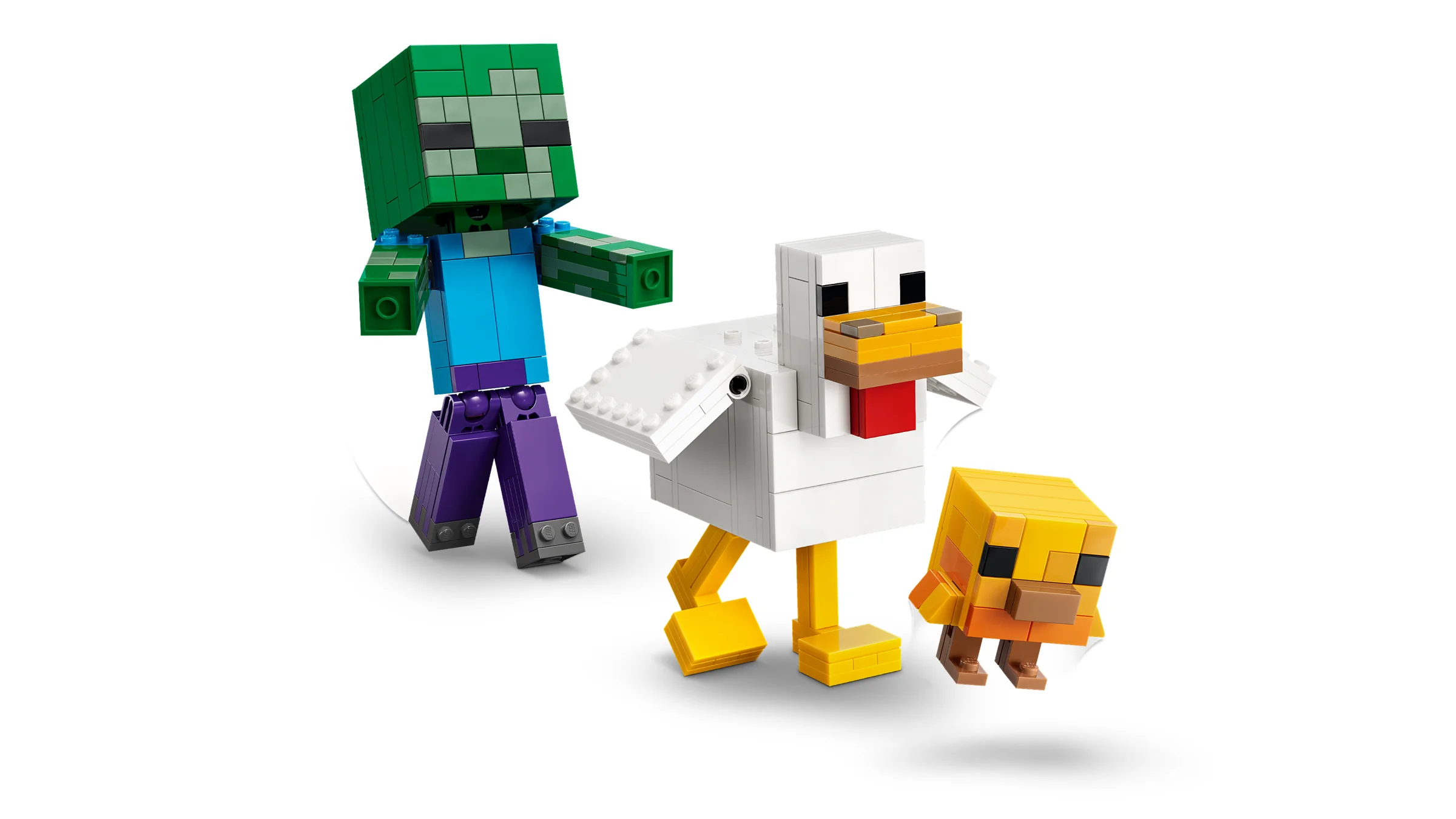 Set LEGO Minecraft cu un zombie călărind o găină și un pui. Detalii amuzante și design cubist.