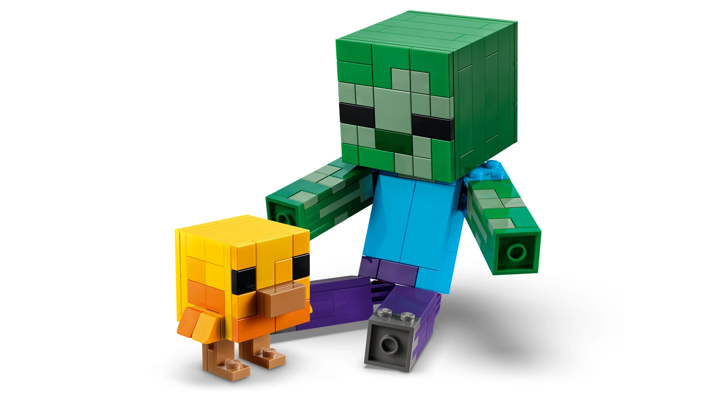 Imagine cu un pui și un zombi Minecraft construiți din LEGO. Detalii ale construcției.