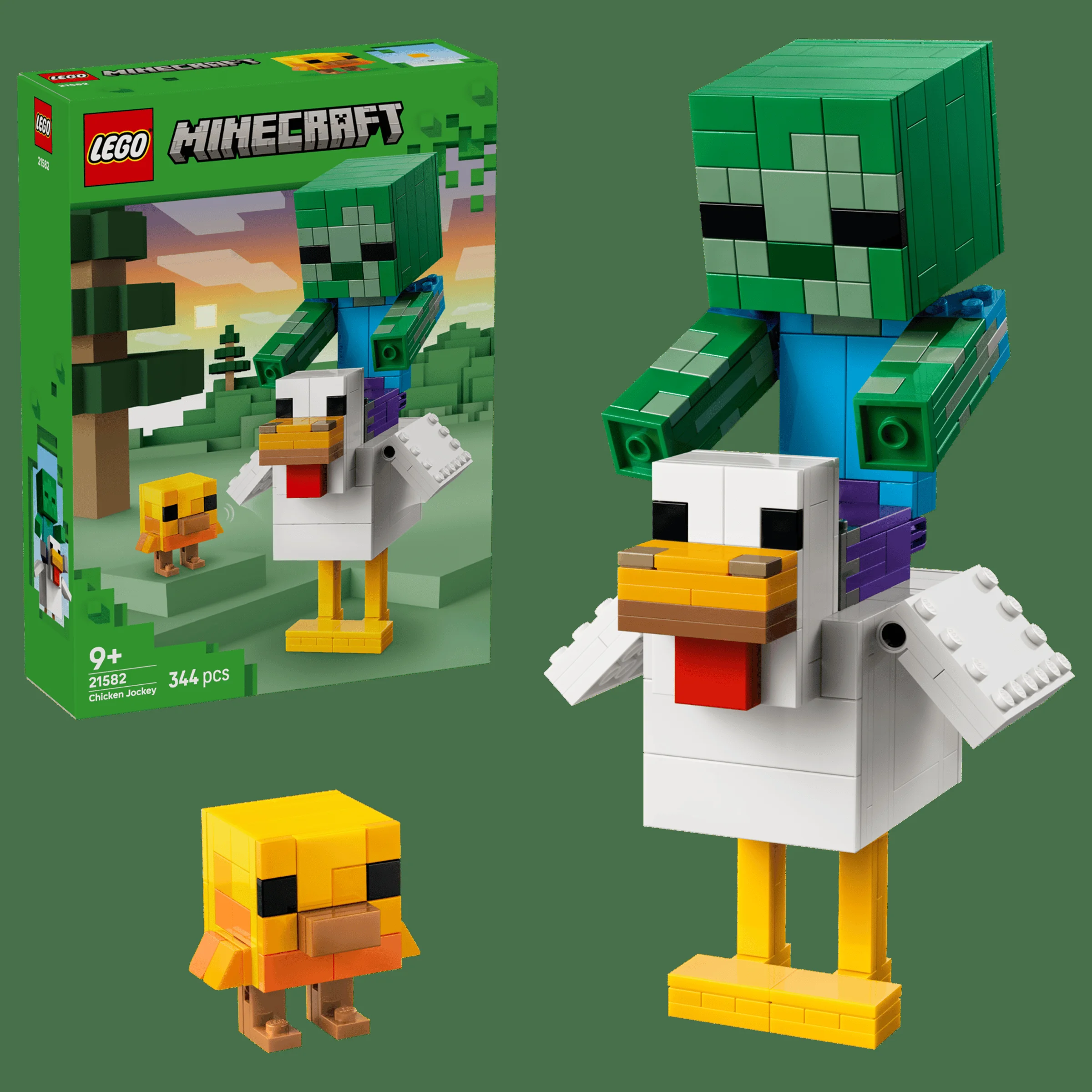 Imagine cu setul LEGO Minecraft 21582, Chicken Jockey. Include zombie, pui și pui mic.