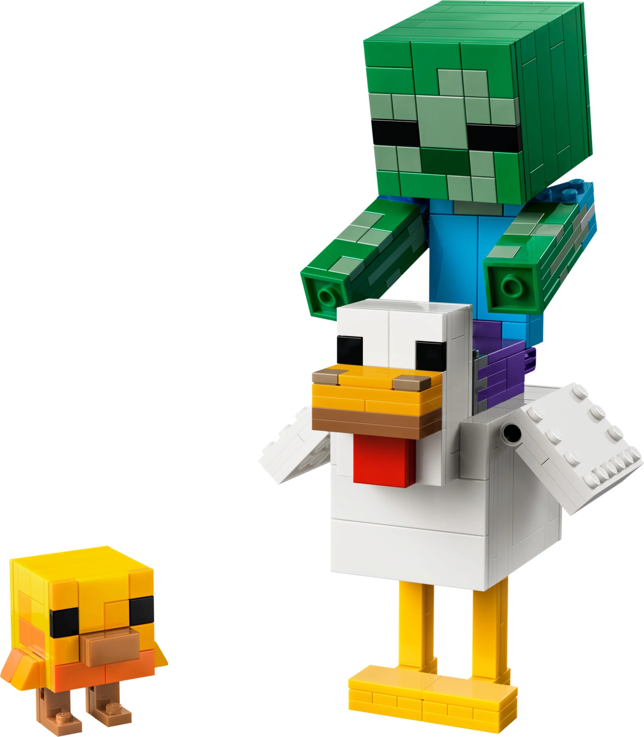 O imagine cu setul LEGO Minecraft 21582, ce include o găină, un pui și un zombie.