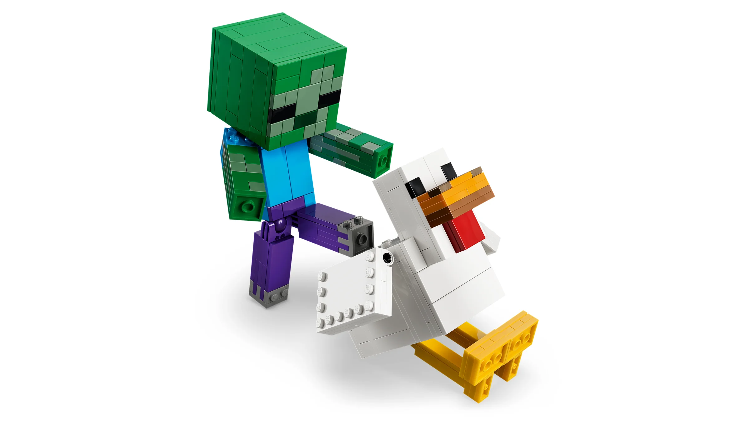 Zombie călărind un pui, set Minecraft. Construcție detaliată din cărămizi LEGO.