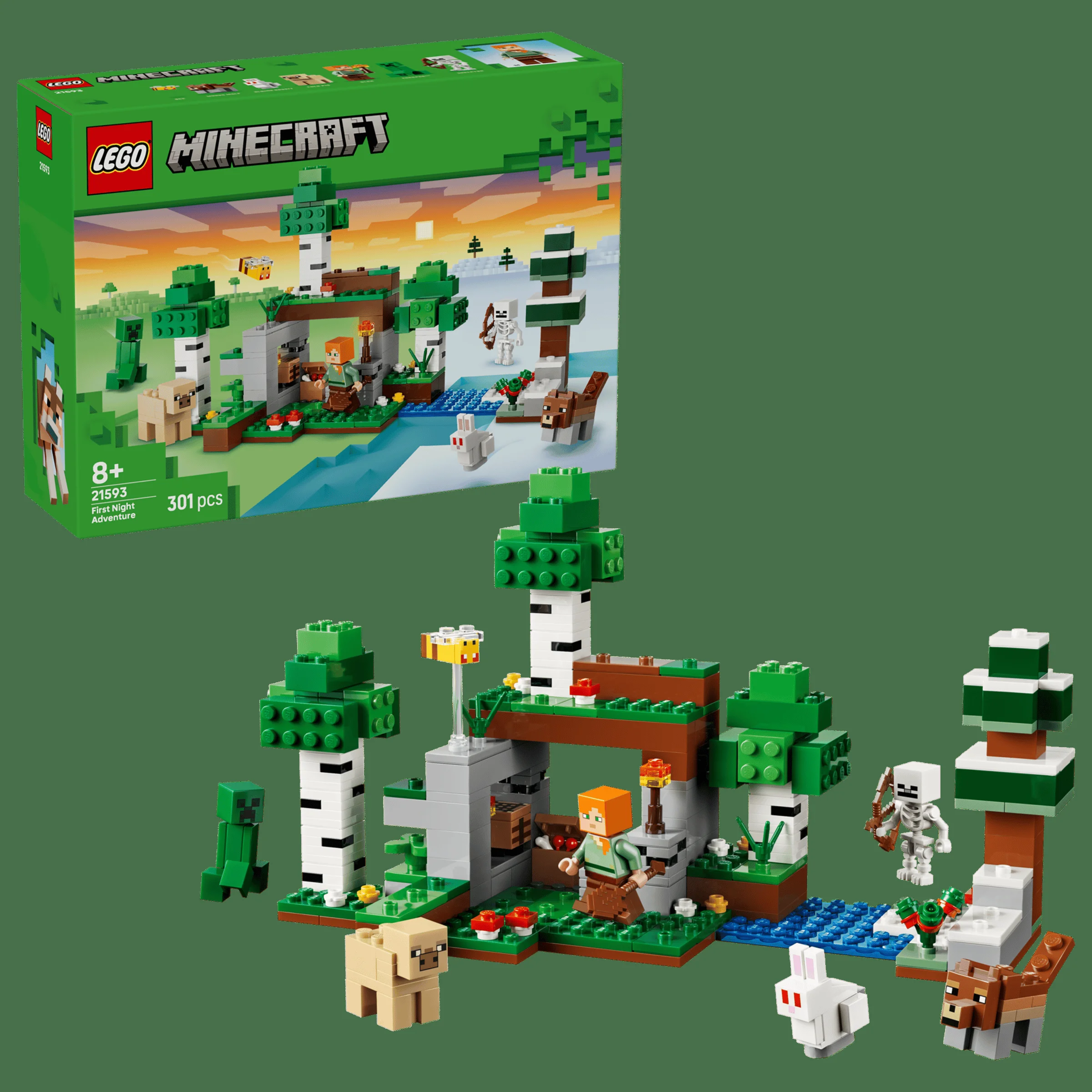 Imagine cu setul LEGO Minecraft 21593, Aventura primei nopți, incluzând cutia și modelul asamblat.
