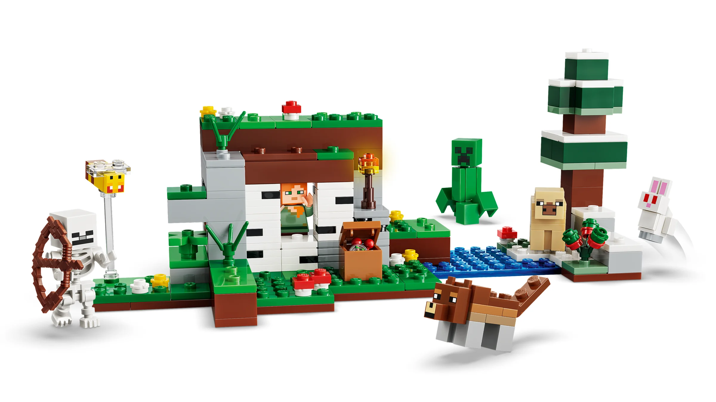 Imagine cu setul LEGO Minecraft 21593, cu o casă și diverse figurine Minecraft.