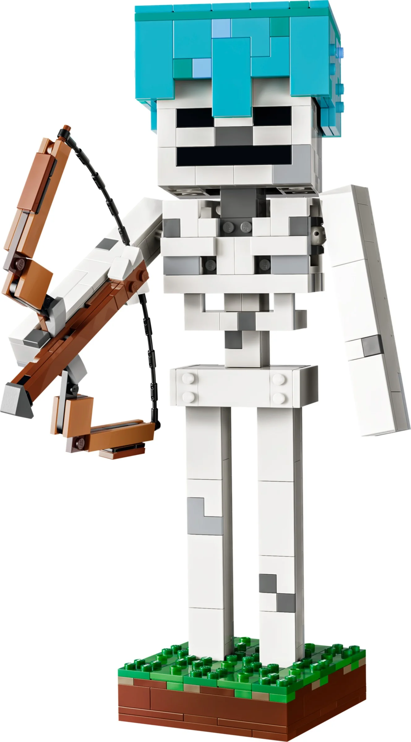 Imagine detaliată a scheletului Minecraft LEGO, cu arcul pregătit. Corpul e format din blocuri albe și gri.