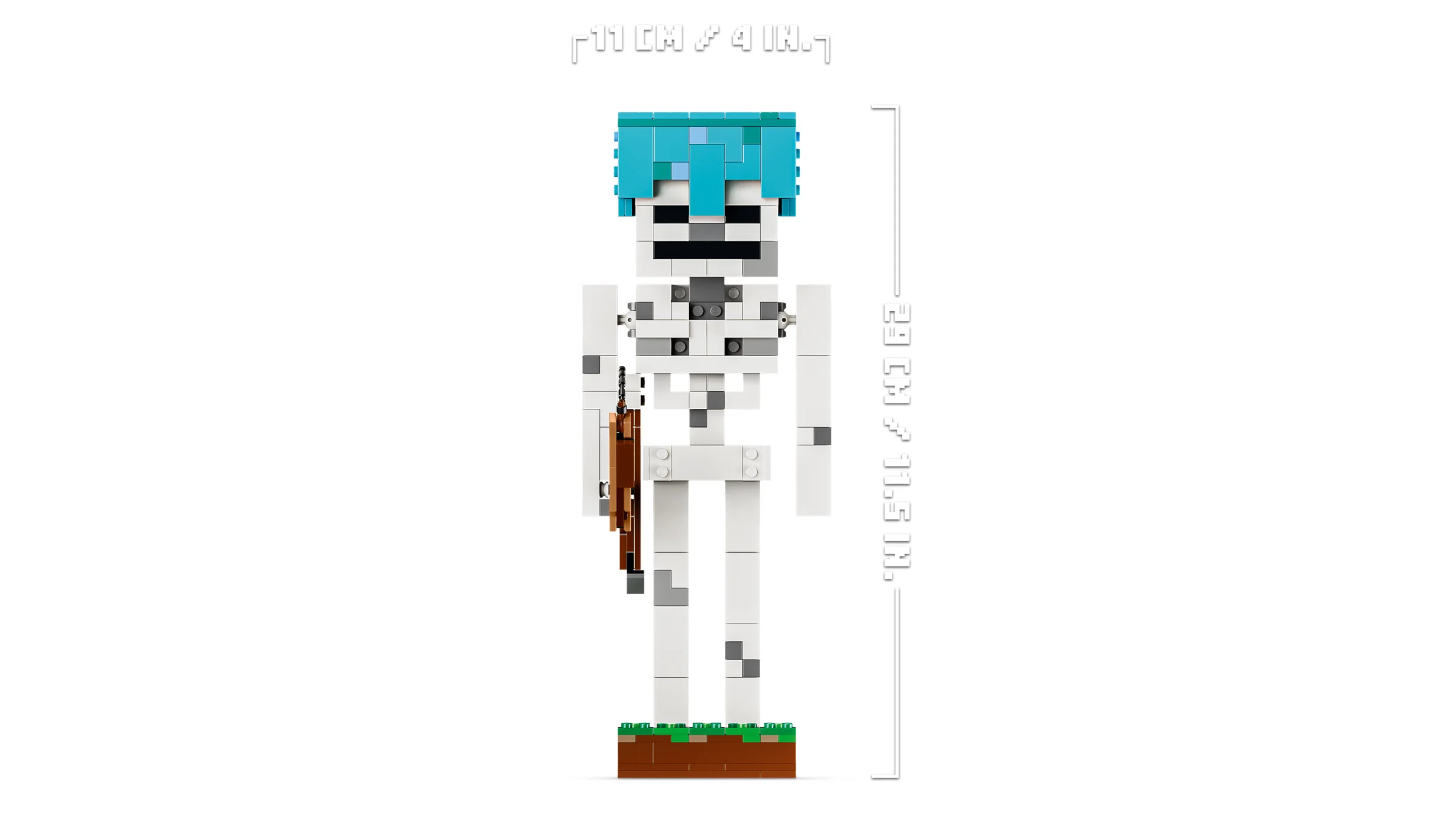 Imagine cu scheletul Minecraft construit din LEGO, cu arcul său. Are 29 cm înălțime.