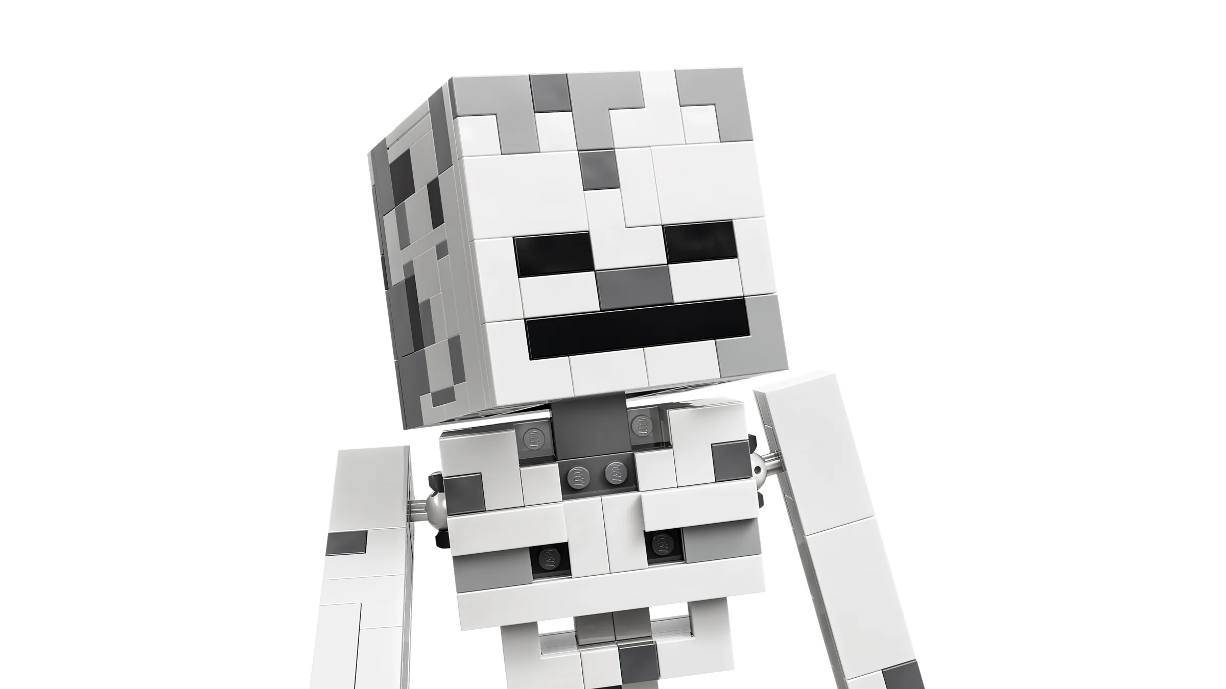 Imagine cu scheletul Minecraft LEGO. Model detaliat, unghi interesant. O construcție fidelă jocului!